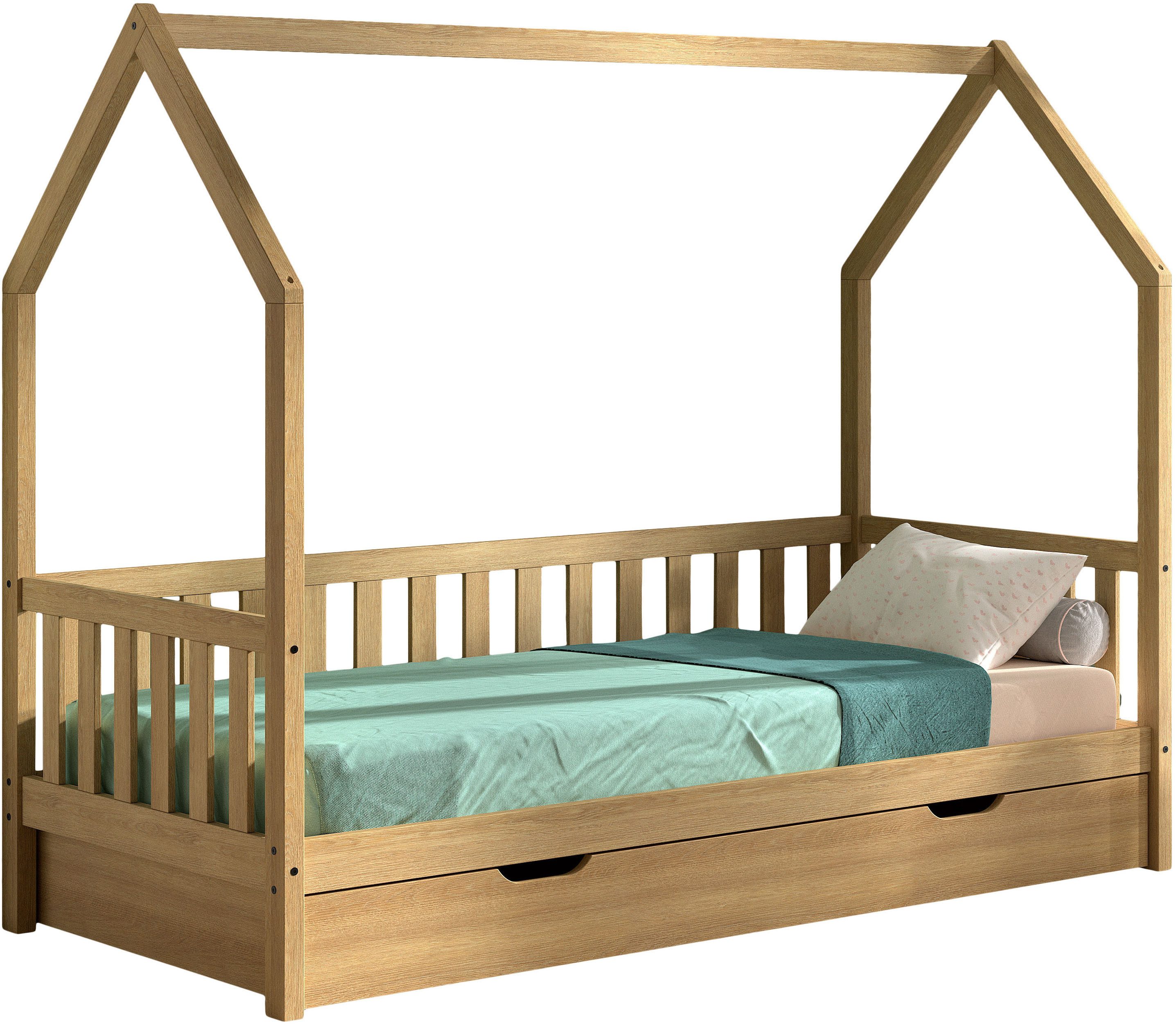 Vipack Hausbett Cabane, mit Dachaufbau, Bettschublade auf Rollen u. Sprossenumrandung (B/H/T ca. 208x169x98 cm) aus massiver Eiche, Oberfläche Natur), sehr stabil und standfest gebaut inkl. Massivholz Rolllattenrost