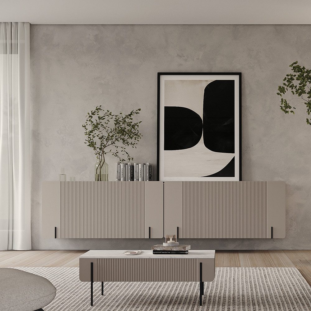 Lomadox Wohnzimmer-Set MEAFORD-141, (Mega-Spar-Set, 3-St., Kommoden Couchtisch), Kaschmir, Rillenfront, griffloses Design, schwebend