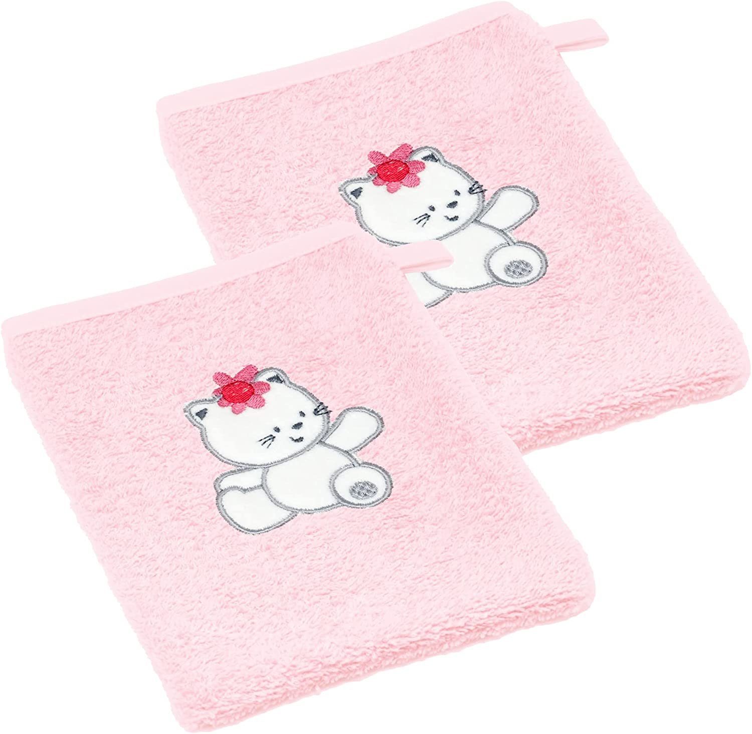 rosa 15x21 (Set, Handtuchset Waschhandschuh Katze Lashuma Baby besticktes cm 2-tlg),