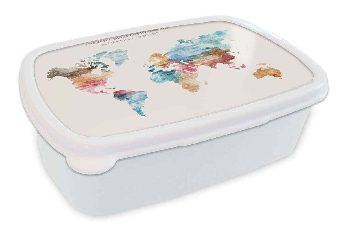 MuchoWow Lunchbox Weltkarte - Zitate - Aquarell - Kinder - Jungen - Mädchen - Bucket, Kunststoff, (2-tlg), Brotbox für Kinder und Erwachsene, Brotdose, für Jungs und Mädchen weiß