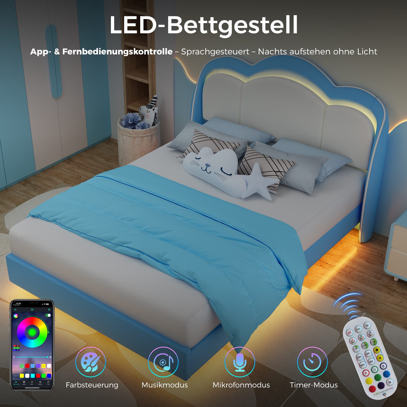 HOMAVO Boxbett Polsterbett inkl. Taschenfederkernmatratze mit integriertem Topper (140 × 200 cm Spar-Set, FSC® Polsterbett mit LED & 25 cm 7-Zonen-Matratze), Orthopädisch für Kinder, Jugendliche & Erwachsene