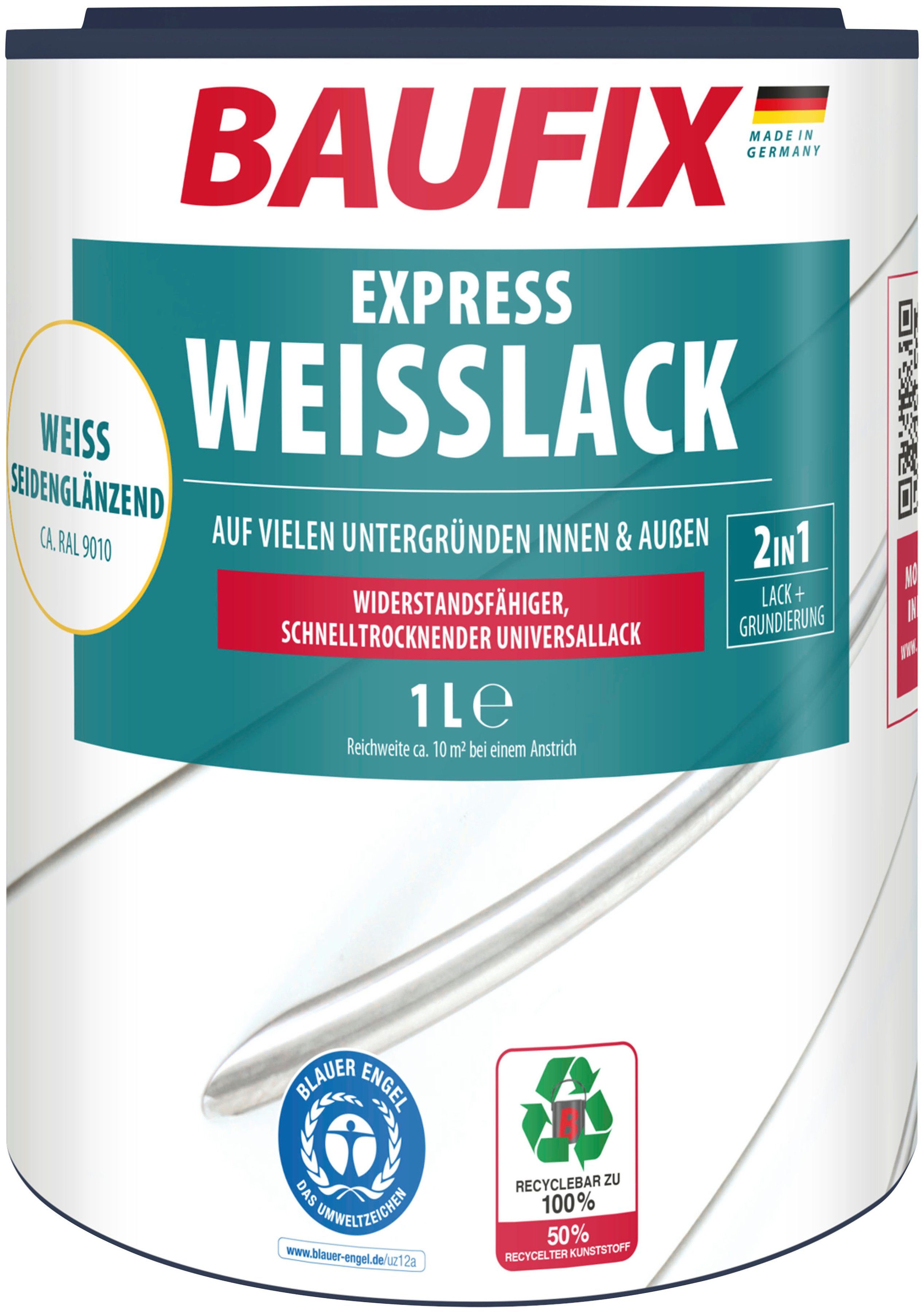Baufix Weißlack Express Weißlack, vergilbungsbeständig, erhöhte Witterungsbeständigkeit, 1L weiß seidenglänzend