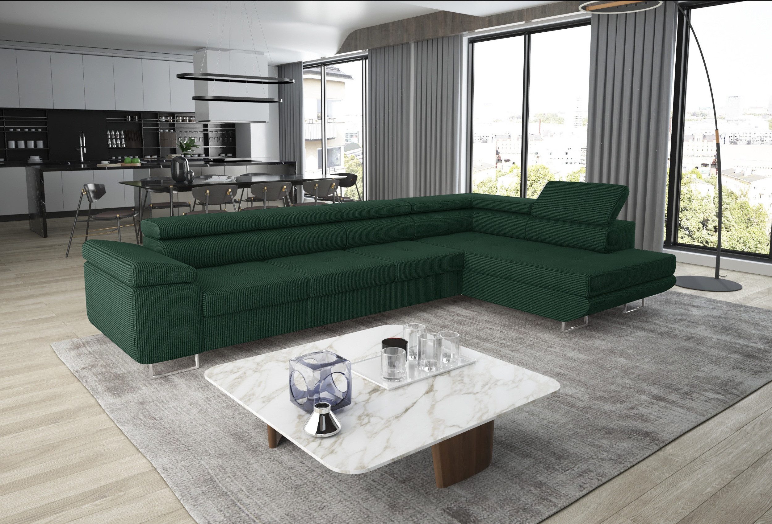 thematys Ecksofa ASTON LONG 355 x 204cm mit Schlaffunktion & Bettkasten – L-Sofa, mit 4 verstellbaren Kopfstützen, Cord (Poso) oder Samt (Monolith), - XXL Wohnlandschaft im modernen Design