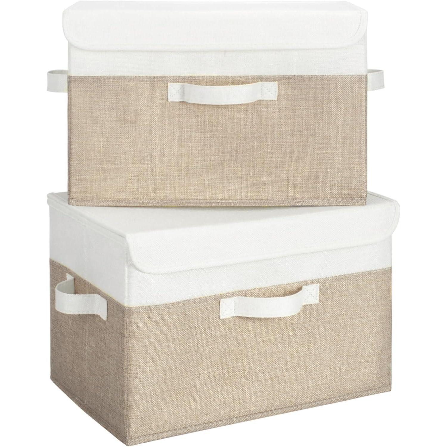 LuxusKollektion Faltbox Aufbewahrungsboxen faltbar Deckel 2 Stück Stoff Groß Weiß-braun