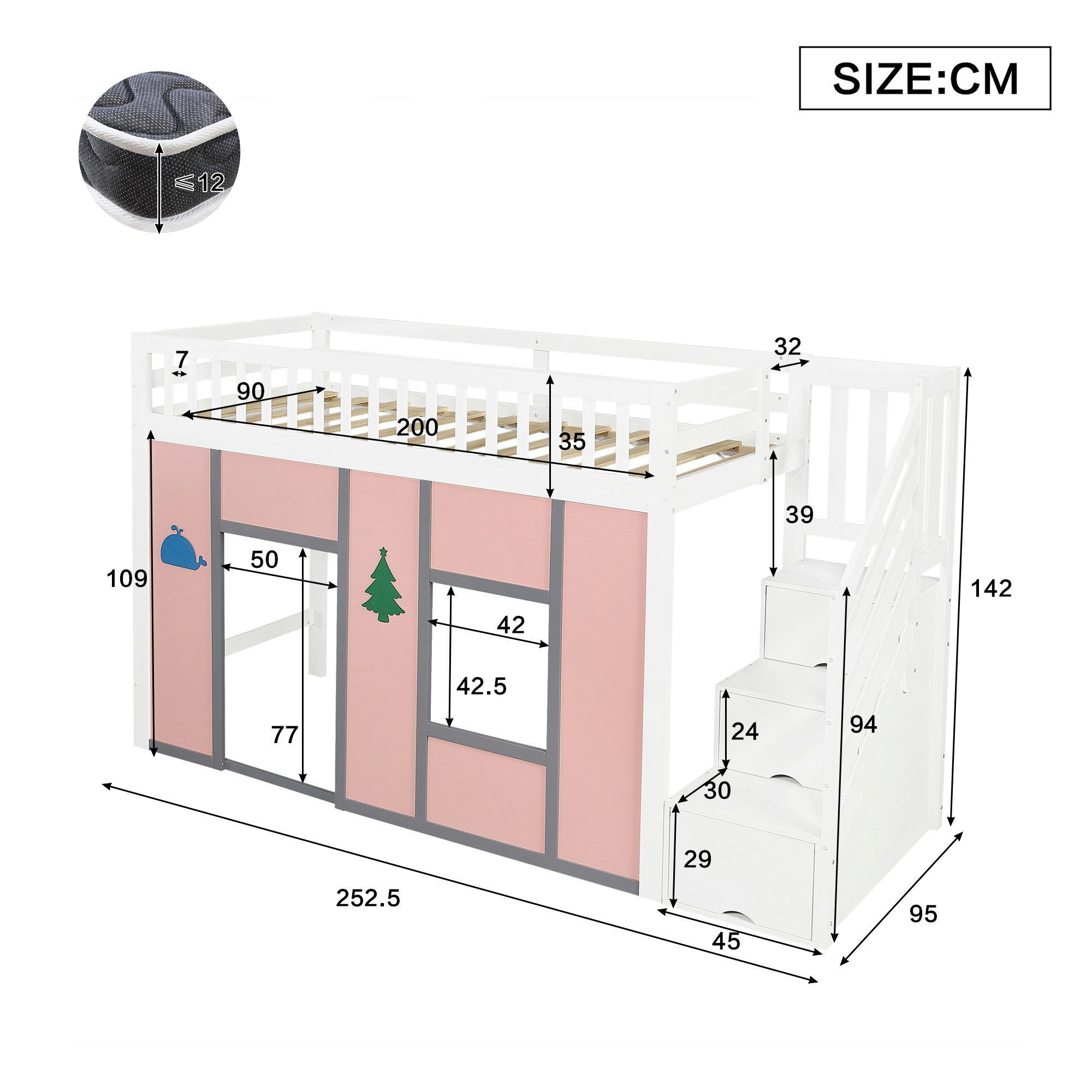 TavilaEcon Hochbett Halbhochbett mit Stauraumtreppe, LED-Beleuchtung und Spielbereich (1-St) mit Rausfallschutz und Deko-Motiven für Kinderzimmer, 90x200 cm – Bild 4 von 5