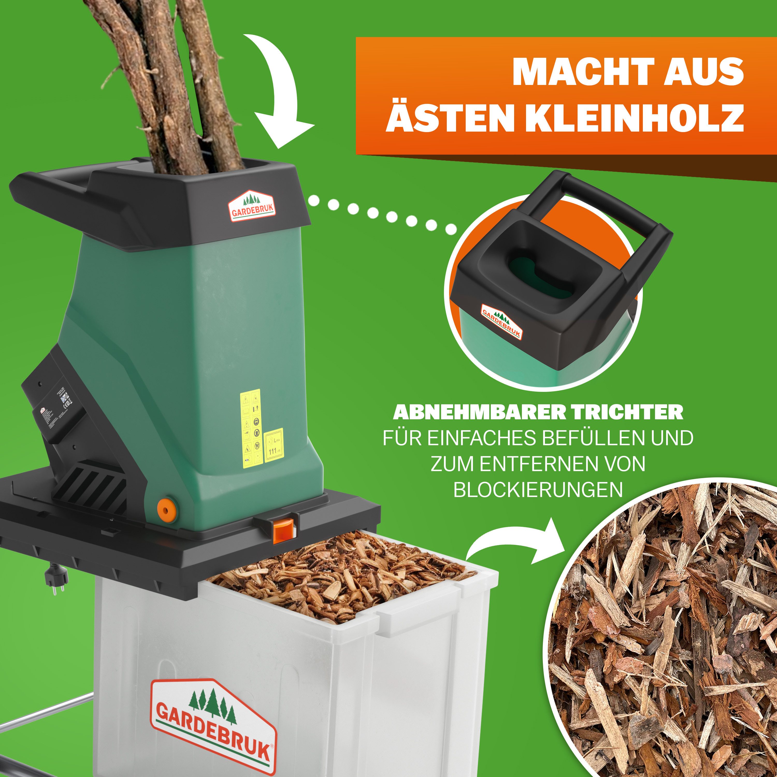 Gardebruk Messerhäcksler, Messerhäcksler 3100 W max. 40 mm Aststärke 50 L Auffangbox