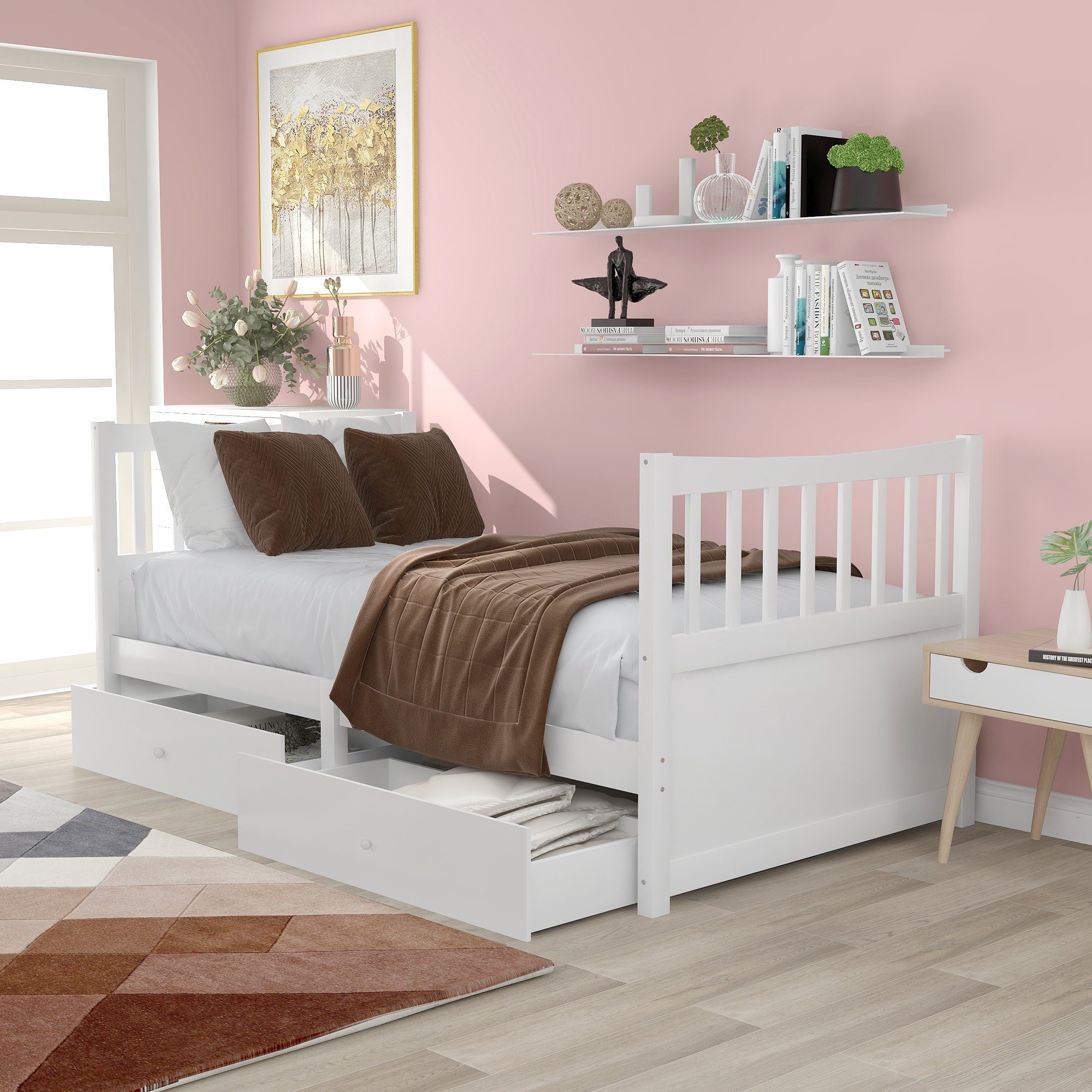 WISHDOR Einzelbett Tagesbett Kinderbett Kinder Bett Gästebett Holzbett Massivholzbett (nur Bettgestell ohne Matratze), 90x200, für Erwachsene Kindern