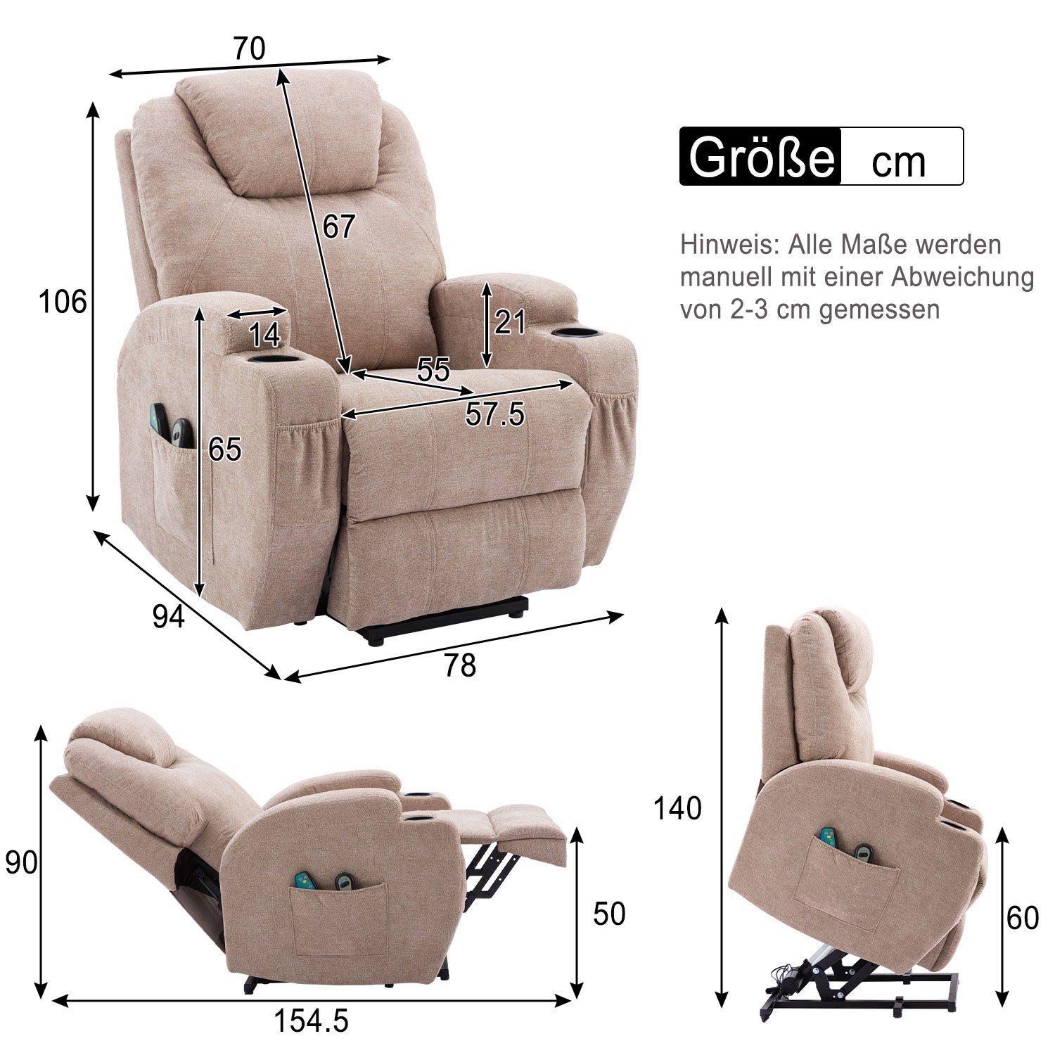 relaxfuntion, mit USB Merax TV-Sessel Fernbedienung Vibrationsmassage, und Hellbraun und Wärmefunktion Massagesesel