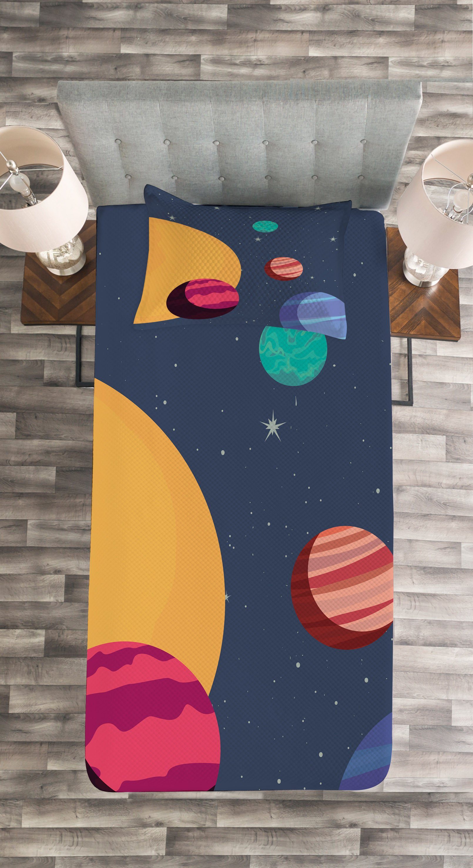 Kissenbezügen Abakuhaus, mit Planeten Tagesdecke Cartoon Set Bunte Waschbar, Astronomie