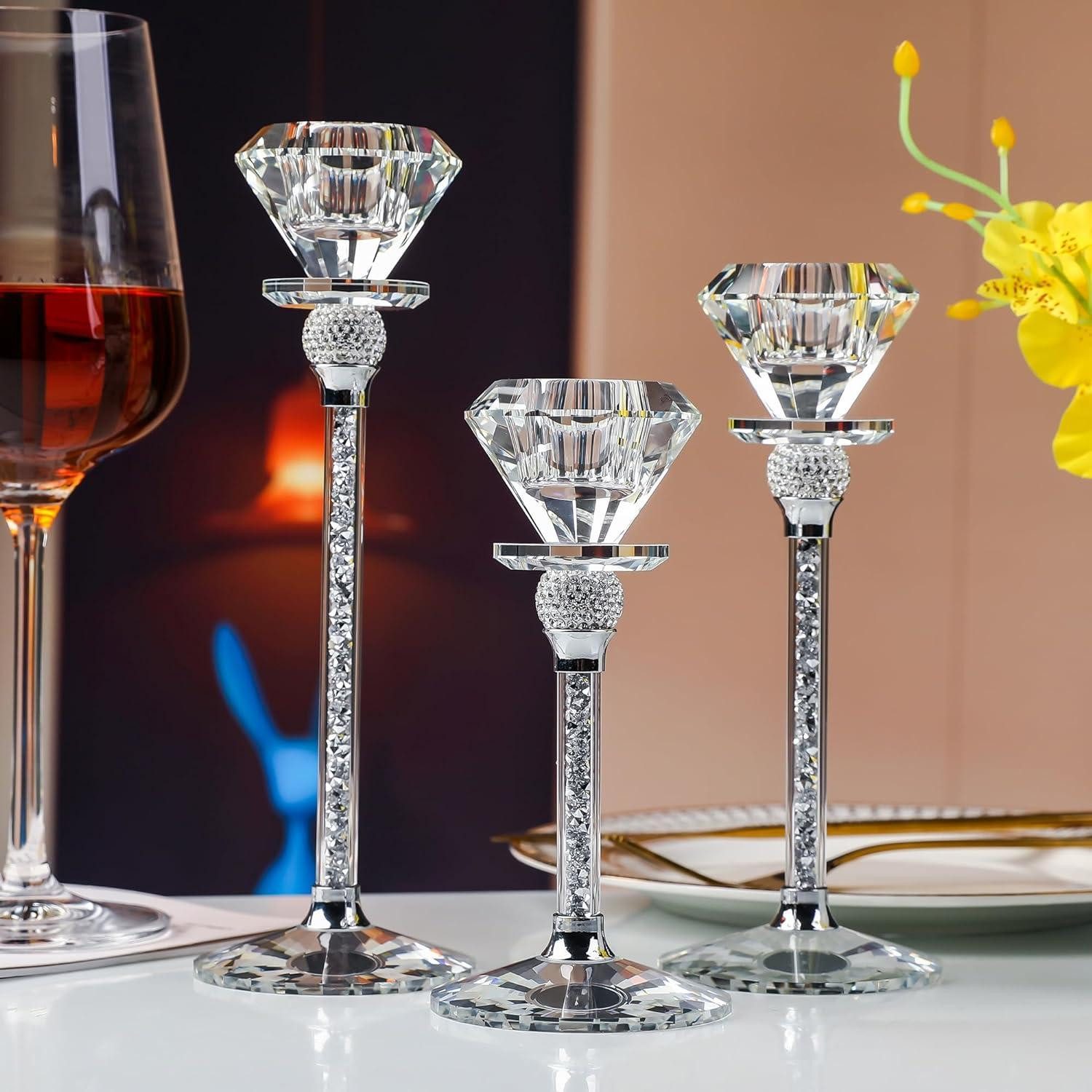 Kerzenständer Kristall Kerzenständer Set Diamantform 17 20 23cm Silber