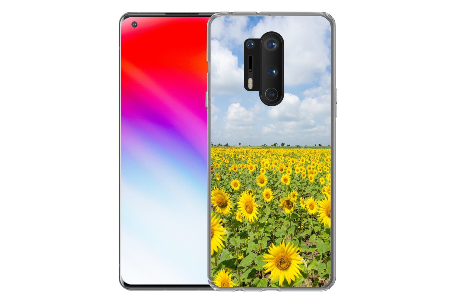 MuchoWow Handyhülle für OnePlus 8 Pro Sonnenblumen - Blumen - Wolken - Natur - Gelb - Land, Phone Case, Silikon, Schutzhülle Dünn