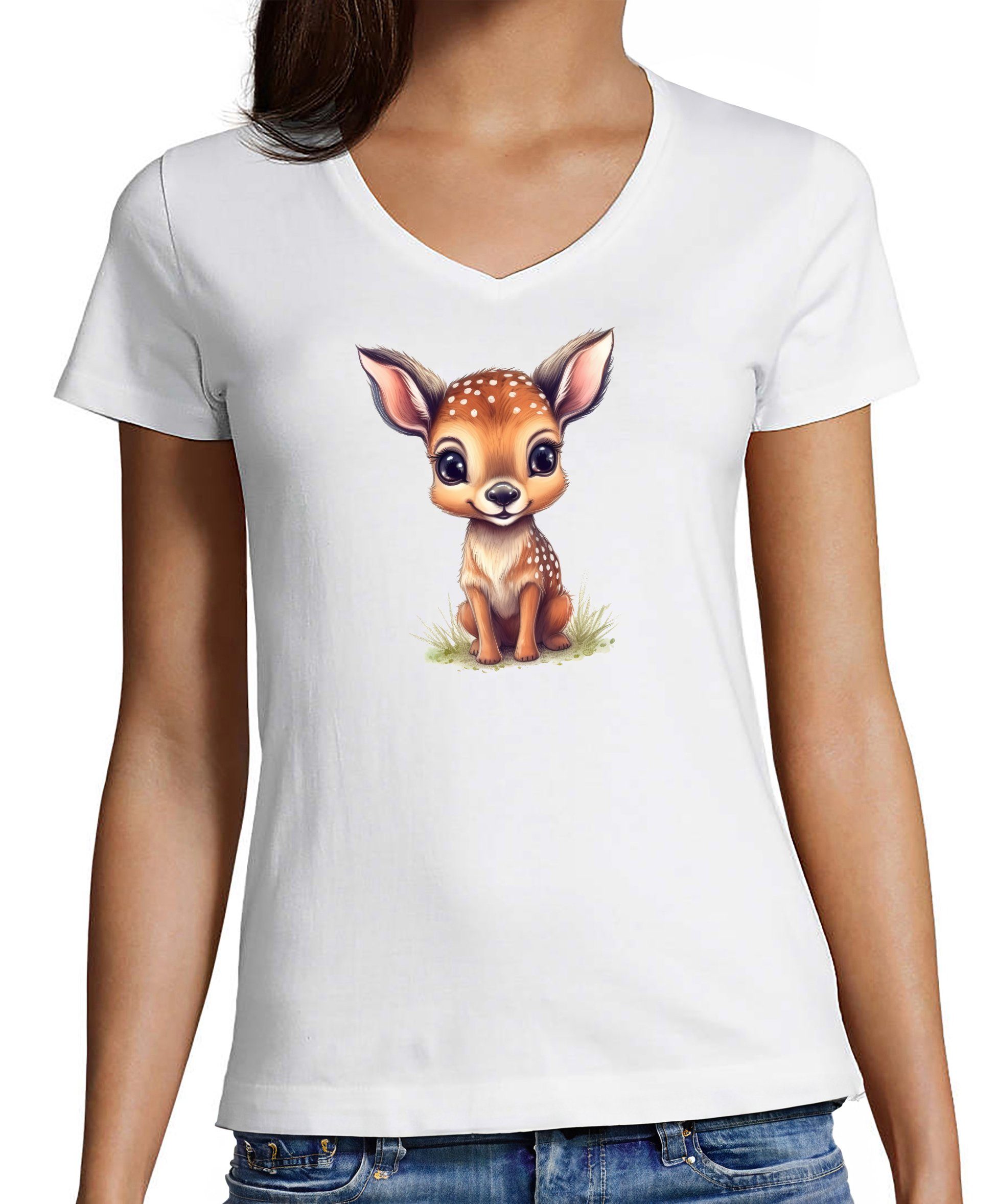 T-Shirt Damen Wildtier Print Shirt - Baby Reh