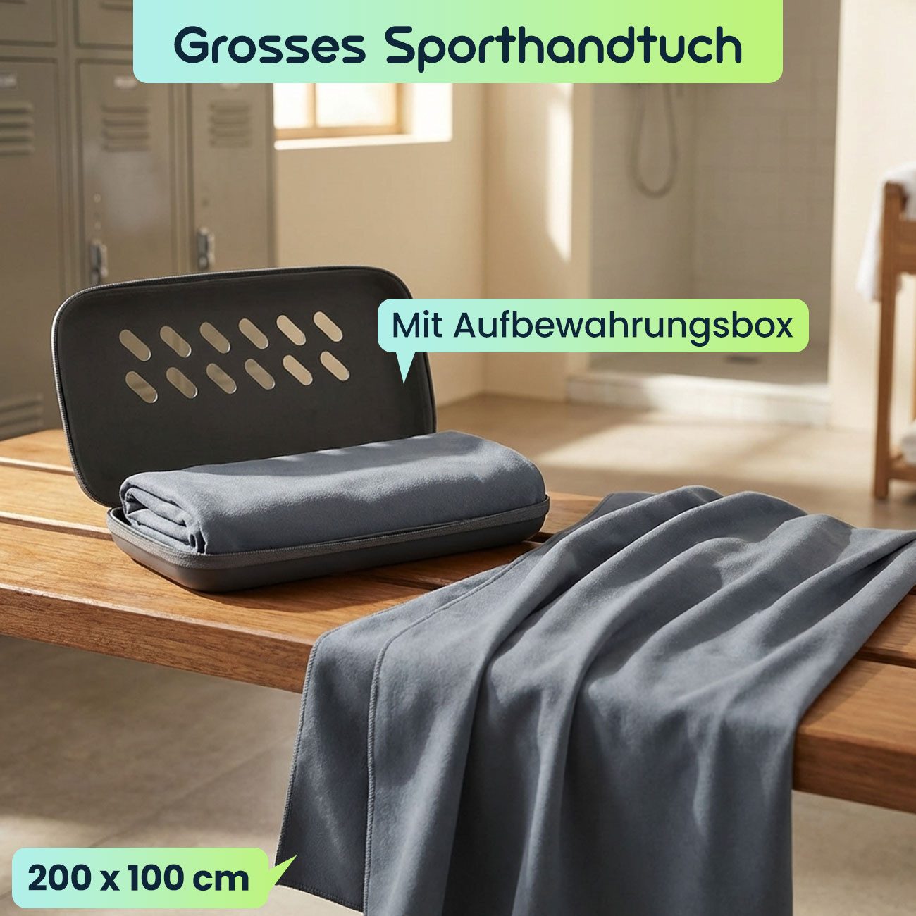 shop'n smile ideoon Sporthandtuch Microfaser Handtuch 200x100 cm, schnelltrocknend & ultraleicht, Reisehandtuch inklusive Aufbewahrungsbox