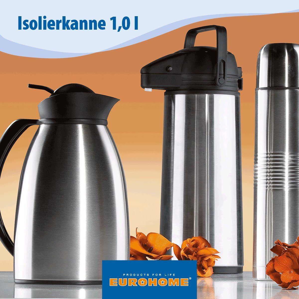 EUROHOME Isolierkanne Thermoskanne aus Edelstahl - Isolierbehälter 1L mit Schraubdeckel, 1 l, (1-St., Thermo Edelstahl Kanne 22 cm), Thermokanne mit Glaseinsatz für Kaffee und Tee
