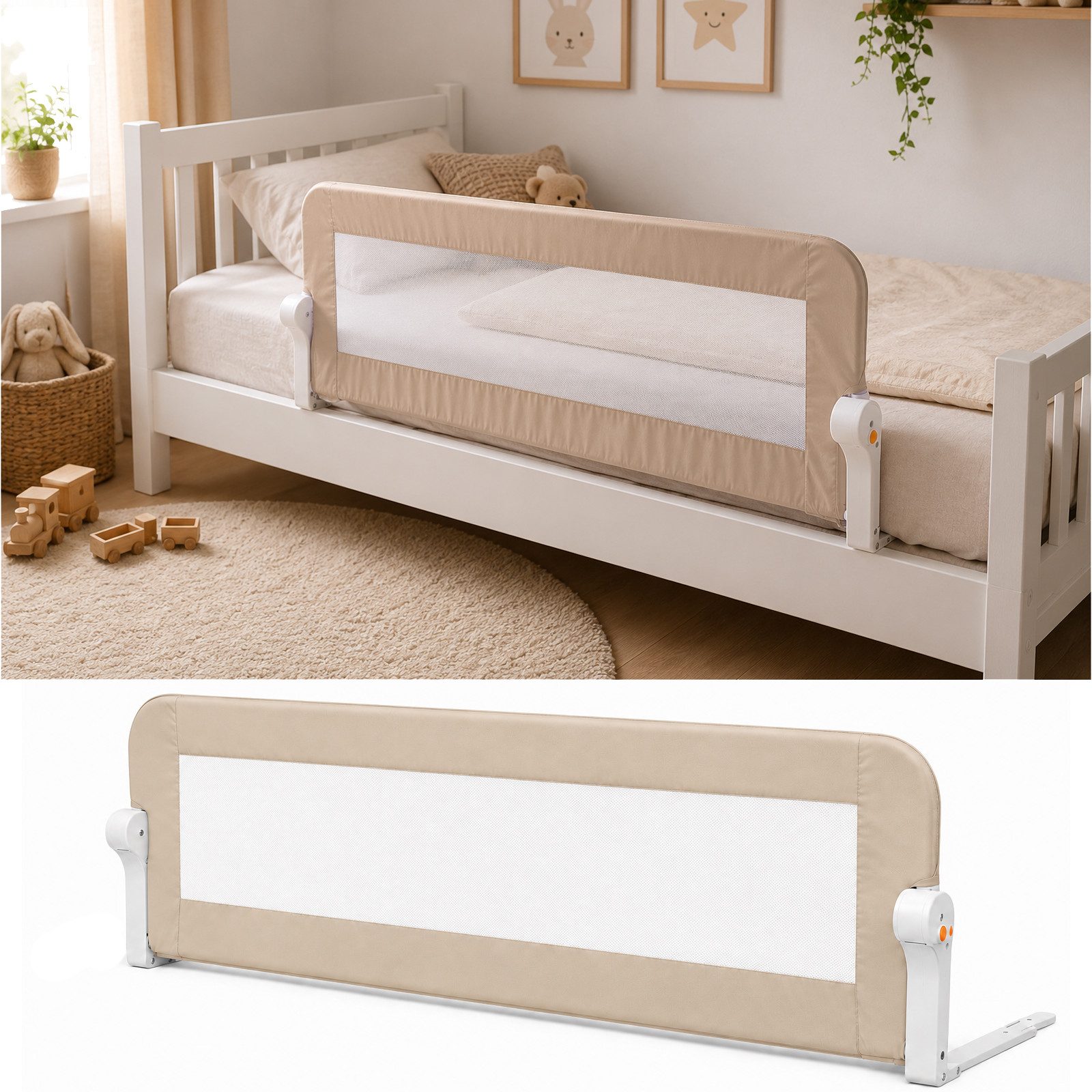 RAMROXX Bettumrandung 150cm Bettgitter Bettschutzgitter Rausfallschutz klappbar Beige