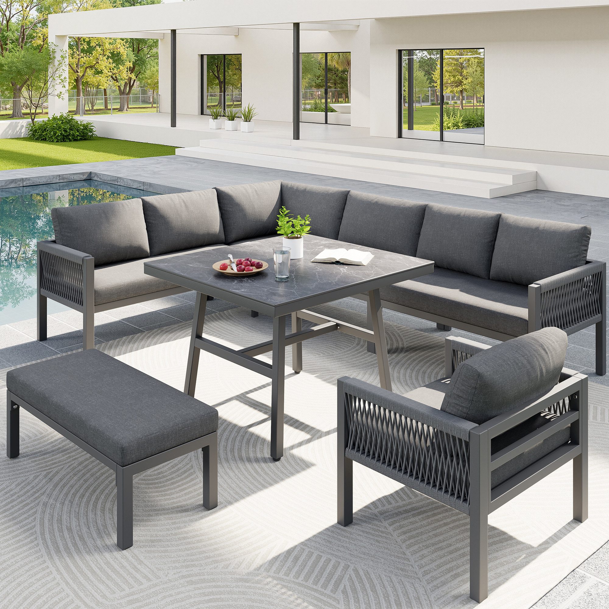 BlingBin Gartenlounge-Set Garten-Loungesessel-Set, L-Form Garten-Sofa, Balkonmöbel Set, (Wetterfeste Terrassen-Garnitur, 6er Set, 6-tlg., Inkl. 1 Tisch mit Marmor-Glasplatte und 2 Sesseln), Robuster Eisengestell mit Grauen Polstern für bis zu 8 Personen