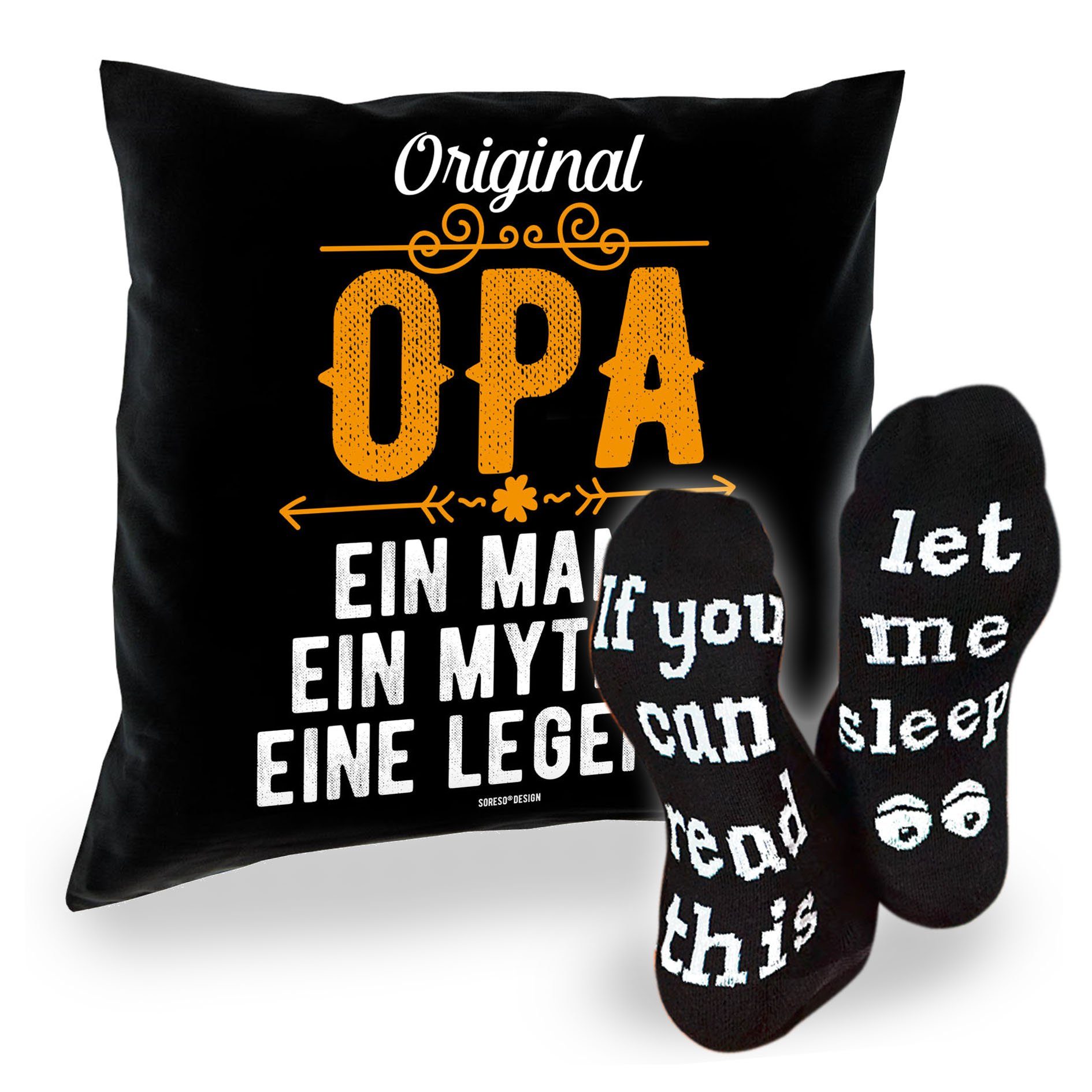 Soreso® Dekokissen Geburtstaggeschenke Opa + Füllung Geschenke Socken, Kissen Lustige - Komplettes Sprüche Papa Set