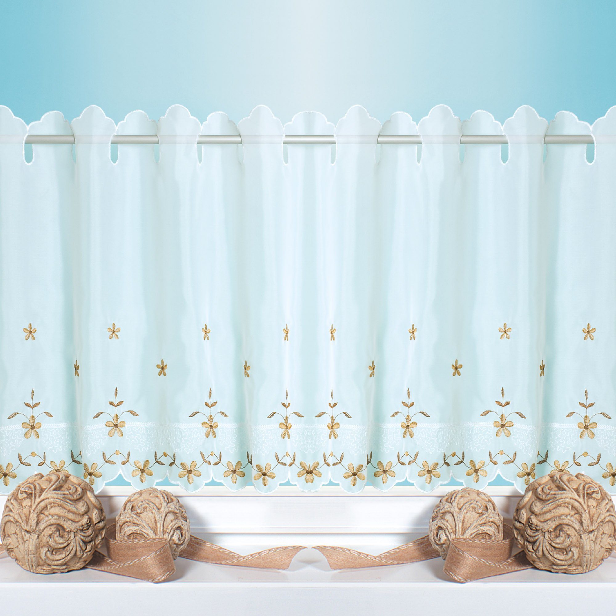 Küchengardine transparent, Voile, Bronze Schlaufen Angie, Stangendurchzug, mit Arsvita, Scheibengardine Transparente - Bistrogardine Blumen