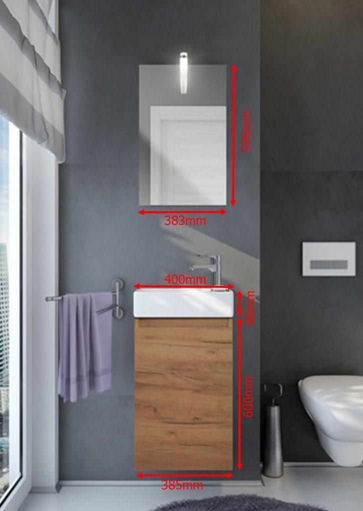 Badmöbel-Set LED-Beleuchtung für Spiegel perfekt & Eiche Unterschrank Badmöbel-Set Waschbecken, Waschtisch-Set 3-teilig FRESH badselekt mit das inkl. Gästebad hell,