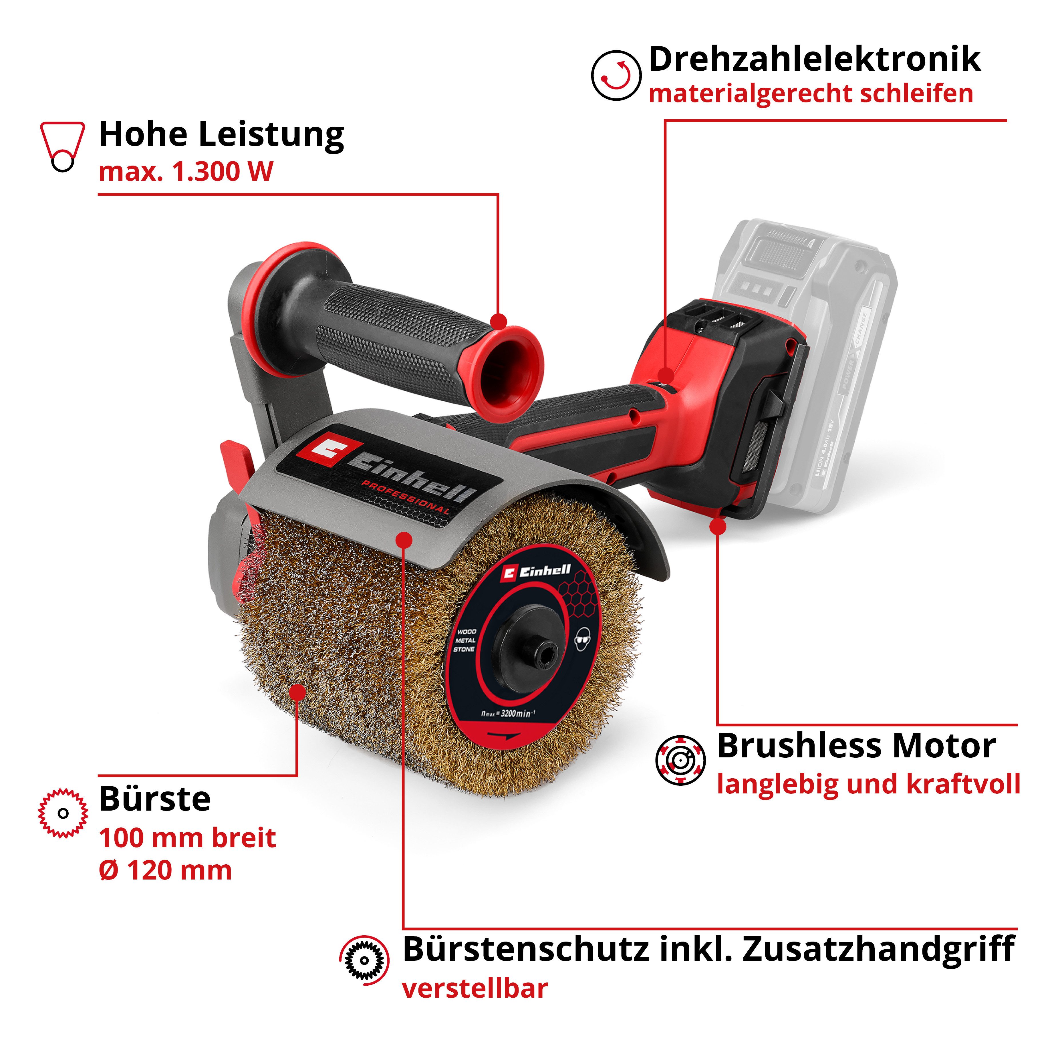 Einhell Schleifroller Akku-Bürstenschleifer TP-BR 18/32 Li BL - Solo, max. 3200 U/min, ohne Akku und Ladegerät