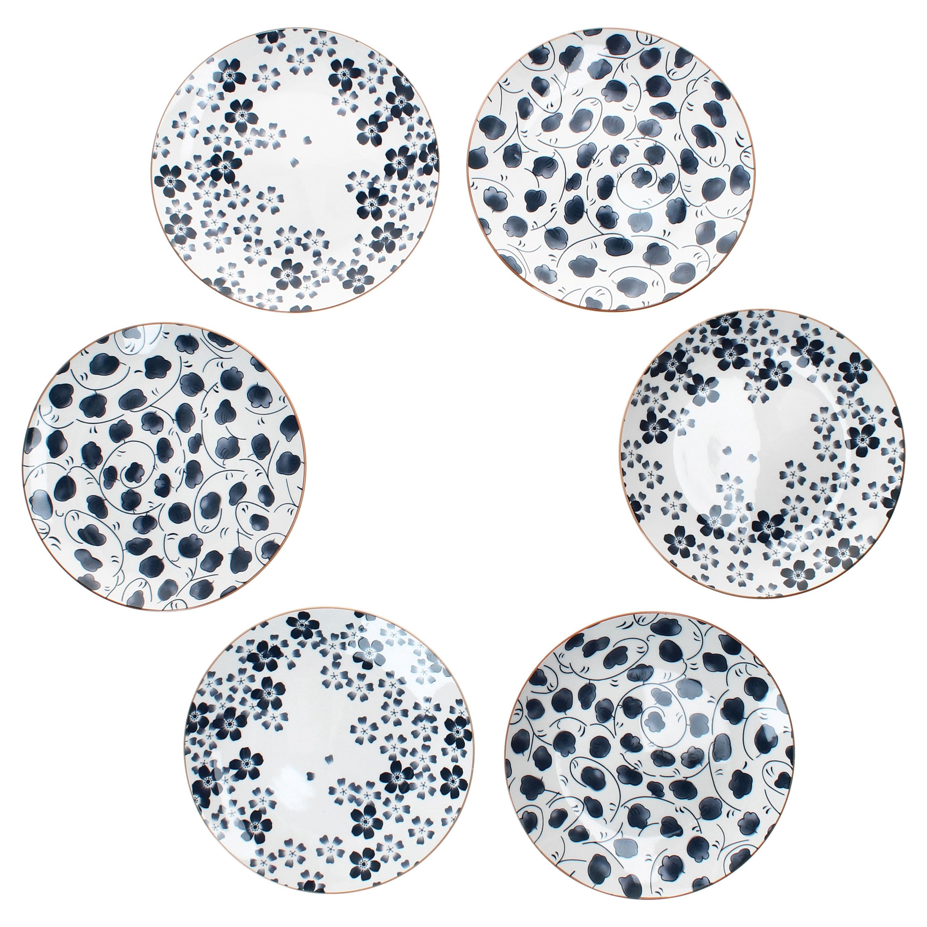 MamboCat Frühstücksteller 6x Totto Kuchenteller Ø19cm Blau Weiß Steingut Blüten Blatt Dessert
