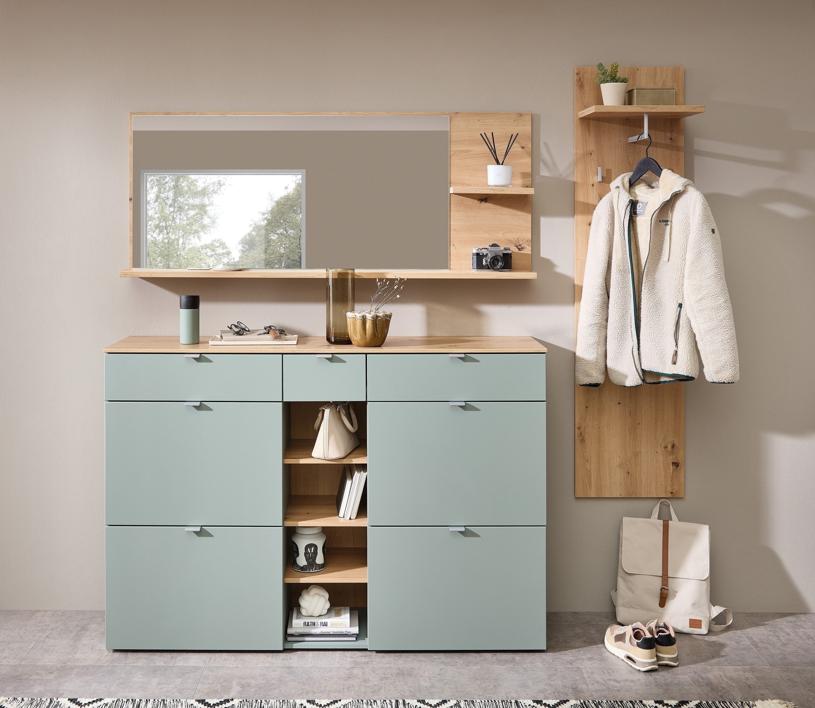 freiraum Garderoben-Set Bari, in Schilfgrün matt, MDF, Spannplatte - 208x202x38 (BxHxT)