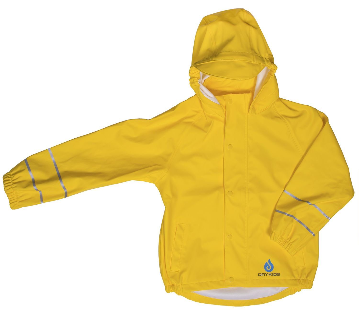 DRY KIDS Regenjacke (1-St) Wasserdichte ungefütterte Jacke für Kinder  verschweißte Nähte Größe 134 - 140 reflektierende Regenbekleidung mit Bund  & Taschen Gelb