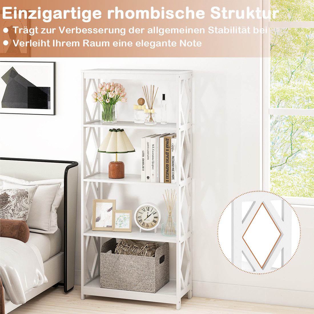 COSTWAY Bücherregal, Holz, Standregal mit rhombischer Struktur weiß 70x30x155cm