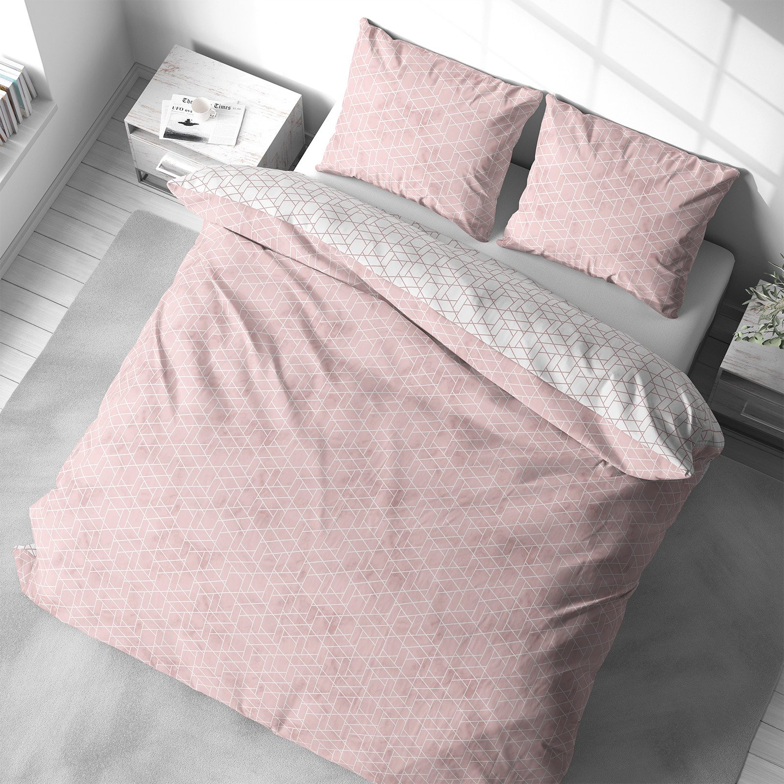 Visaggio Bettwäsche 100% Baumwolle Bettbezug Set in 6 Größen fein gewebt, Renforcé, 3 teilig, modernes Rauten Design in Rosa Weiß