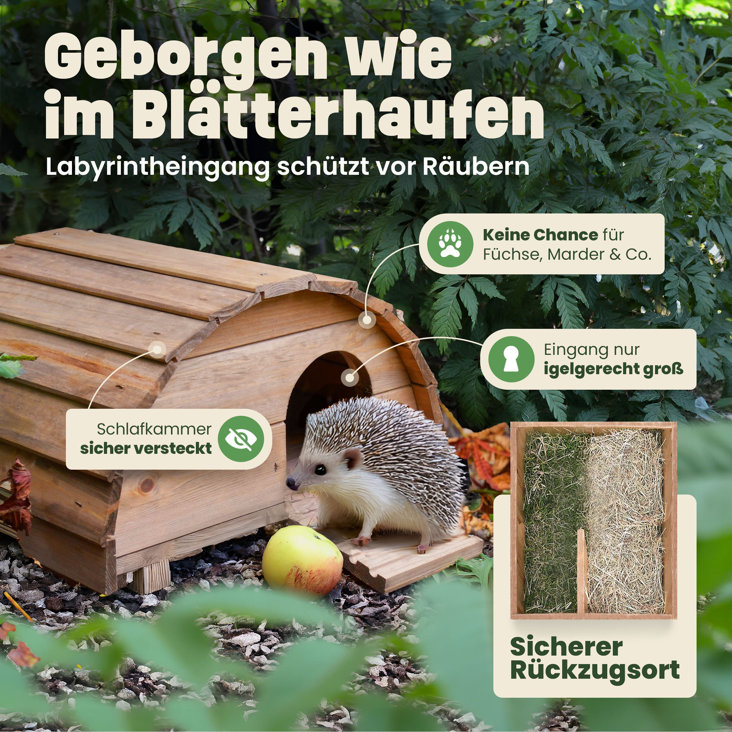 Zooprinz Igelhaus aus Massivholz mit Labyrintheingang, Winterfest, Wetterfest, Made in Europa