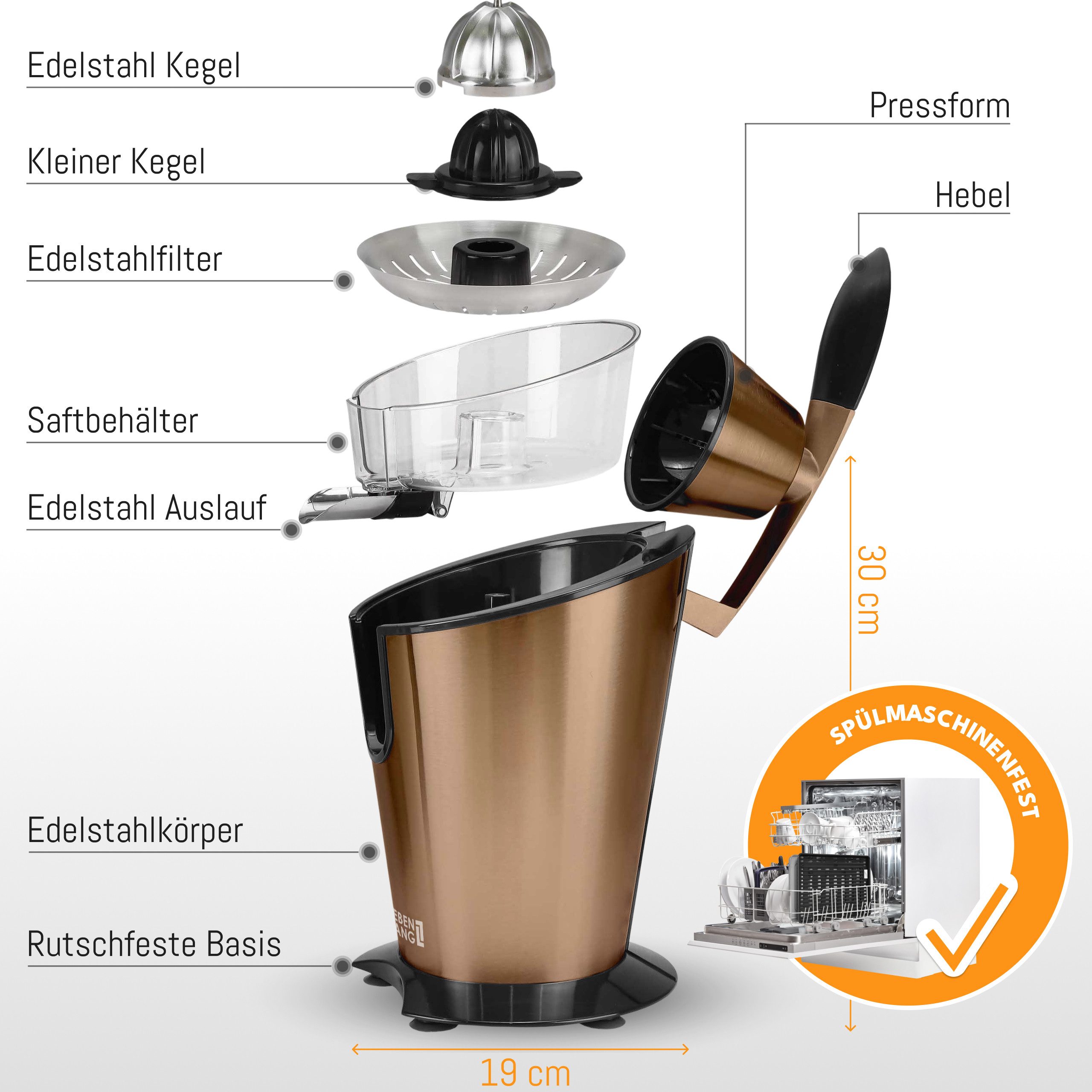 Lebenlang Zitruspresse LEBENLANG Saftpresse elektrisch 600W - Inkl. Edelstahlkegel & BPA-Frei, 600,00 W, Hohe Saftausbeute, Schwarz & Silber