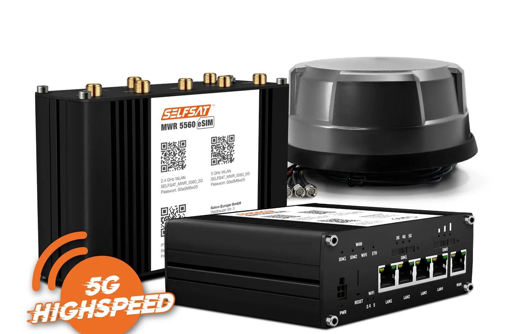 Selfsat MWR 5560 eSIM 5G Cat 20 WLAN Router bis 3,4 Gbps Panorama Antenne Mobilfunkantenne