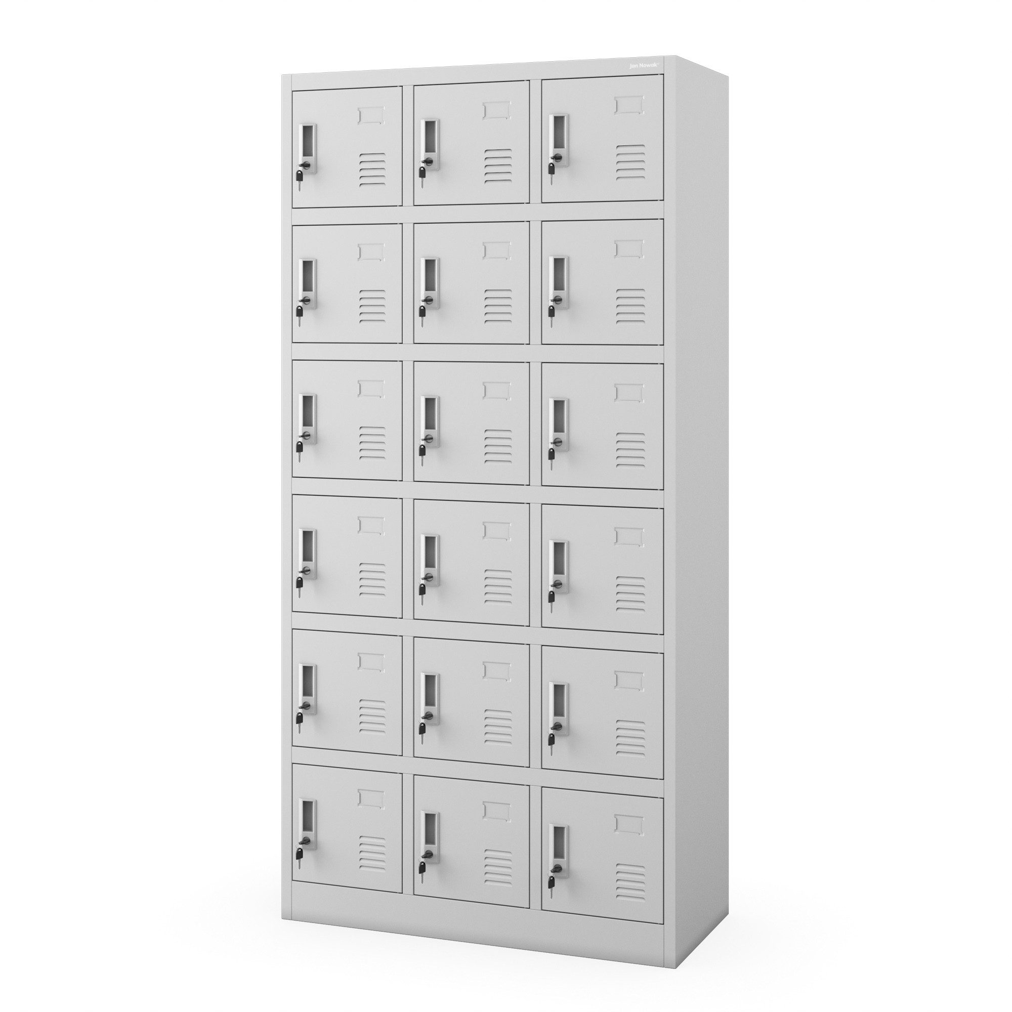 Jan Nowak Mehrzweckschrank Metall Schließfachschrank 90 cm KAROL 18 Fächer abschließbar (Spind Garderobenschrank Umkleide Arbeitsraum Sozialraum Betrieb, 0,6 mm 185 x 90 x 40 cm Lüftungsschlitze Wandmontage robust) Zylinderschloss je Fach Namensschildhalter langlebig 10 Farben