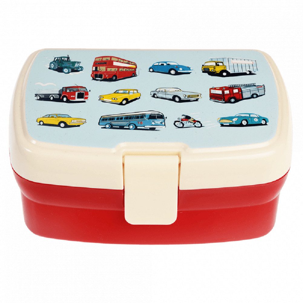 Rex London Lunchbox mit herausnehmbaren Fach Road Trip (Autos), Kunststoff, BPA-frei, (mit Clipverschluss, ca. 17 x 13 x 7,5 cm), Snack Obst Behälter Dose Box