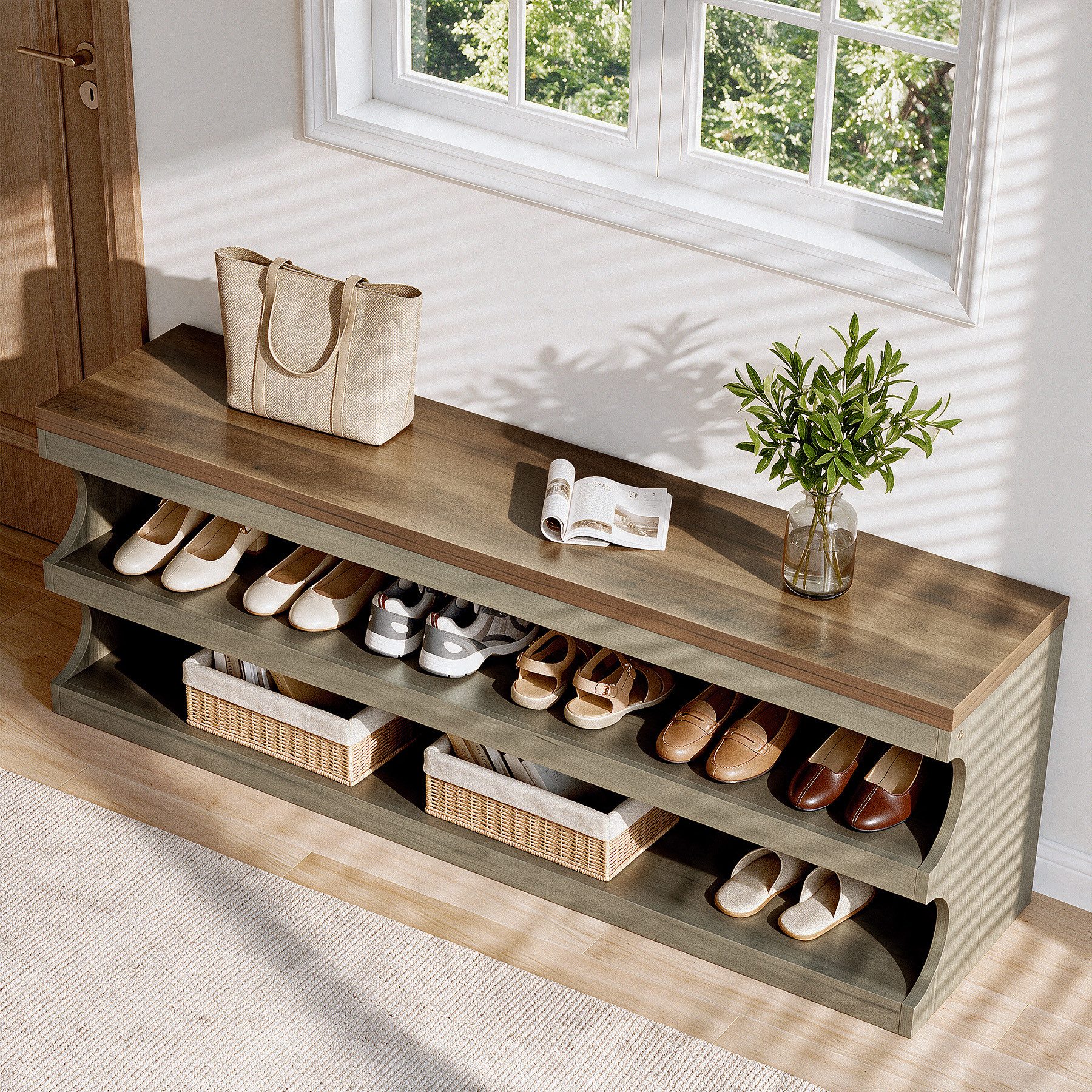 Tribesigns Schuhbank 140 cm Sitzbänke mit 3 Ebenen, Eingangsbank im Landhausstil (Bettfuß mit Stauraum für Eingangsbereich, Flur, Wohnzimmer) – Bild 2 von 5