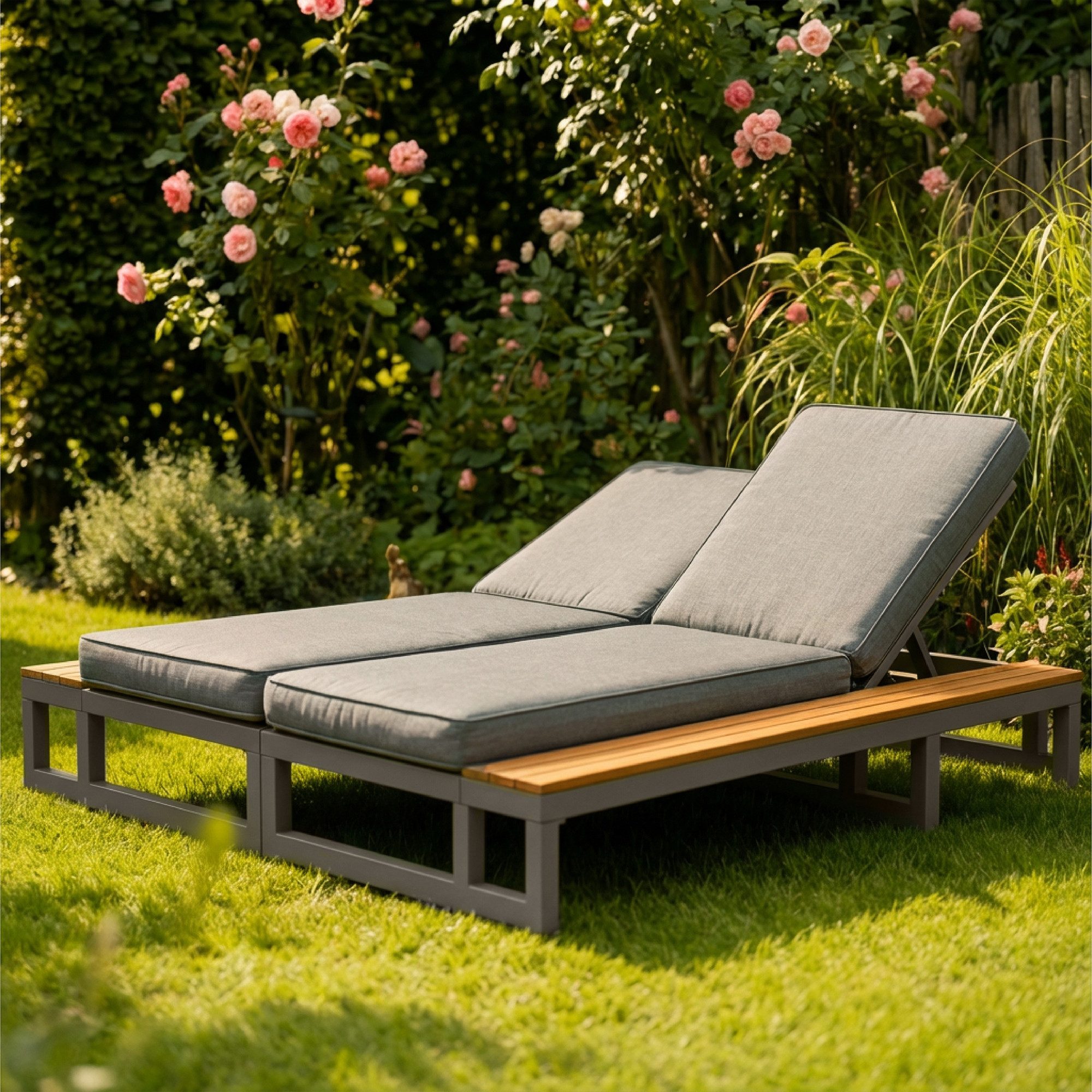 HAUSS SPOLE Gartenliege Outdoor Zweisitzer 4 fach verstellbar,Liegebett mit Ablagen,Grau, 4-stufige verstellbare Rückenlehne Multifunktionales Outdoor Patio Daybed, wasserdichtes Sofabett mit Regalen,Doppel-Liegebett, mit rutschfesten Füßen, verstärkten Eisenrahmen