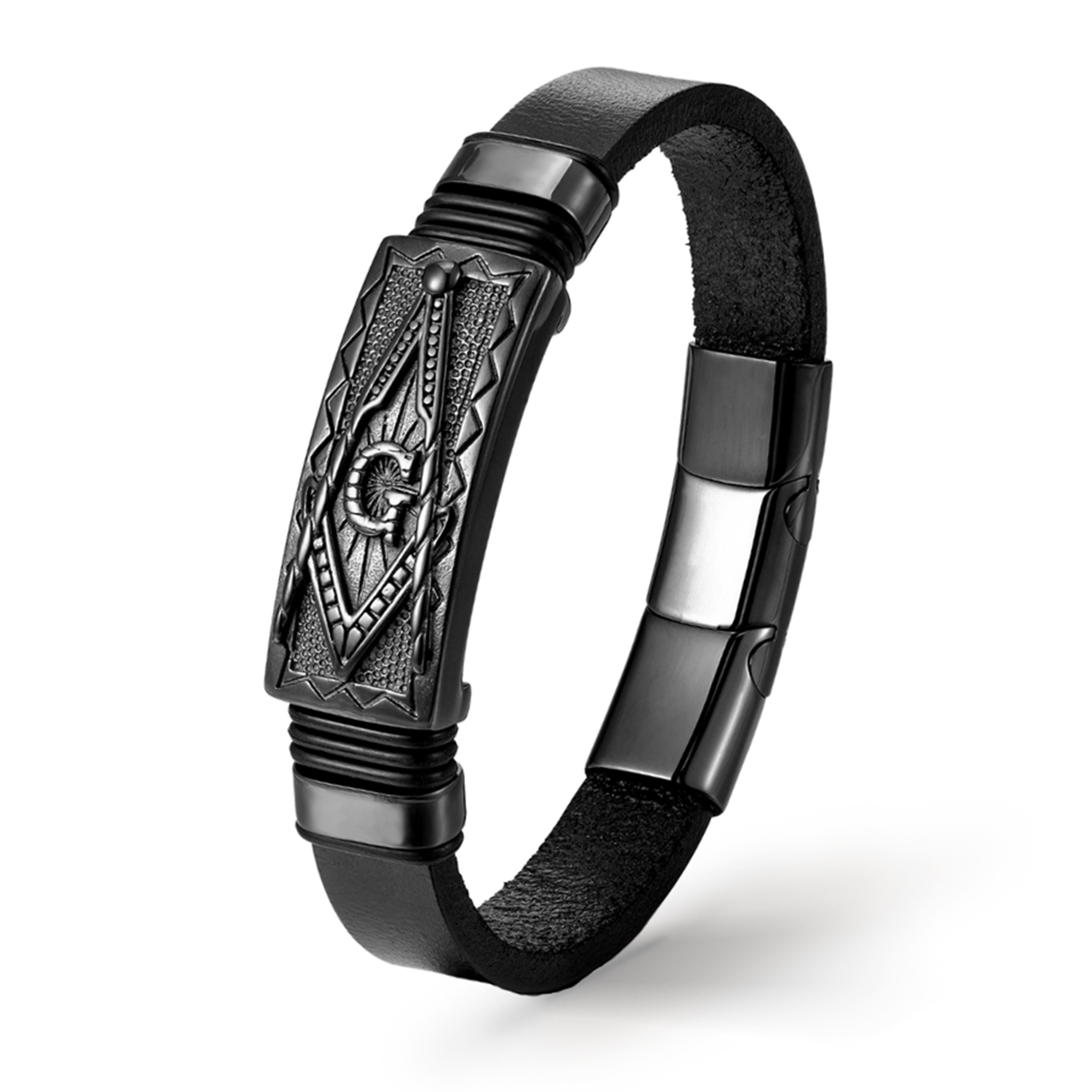 UNIQAL.de Lederarmband TOTEM Masonic Freimaurer – Echtleder & Edelstahl in Gold oder Schwarz (Herren Accessoire, Geschenkidee, Handarbeit, Symbolschmuck, Unisex), Hochwertig verarbeitet