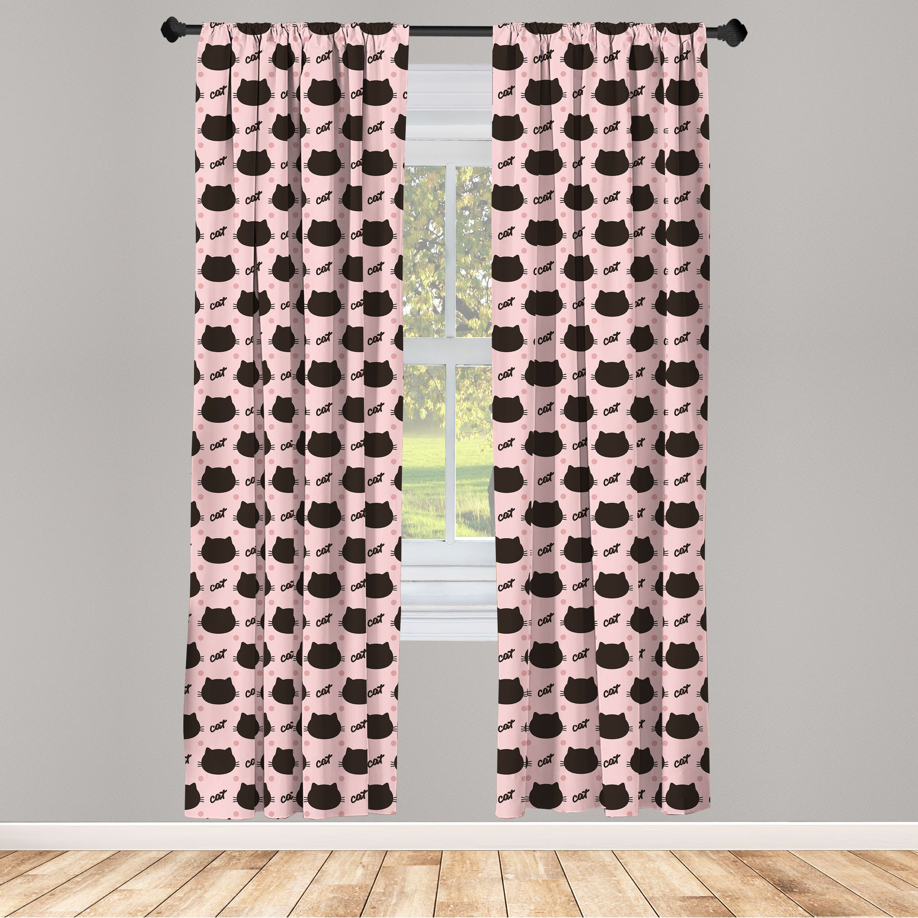Gardine Vorhang für Wohnzimmer Schlafzimmer Dekor, Abakuhaus, Microfaser, Katze Kopf Silhouetten Dots Girly