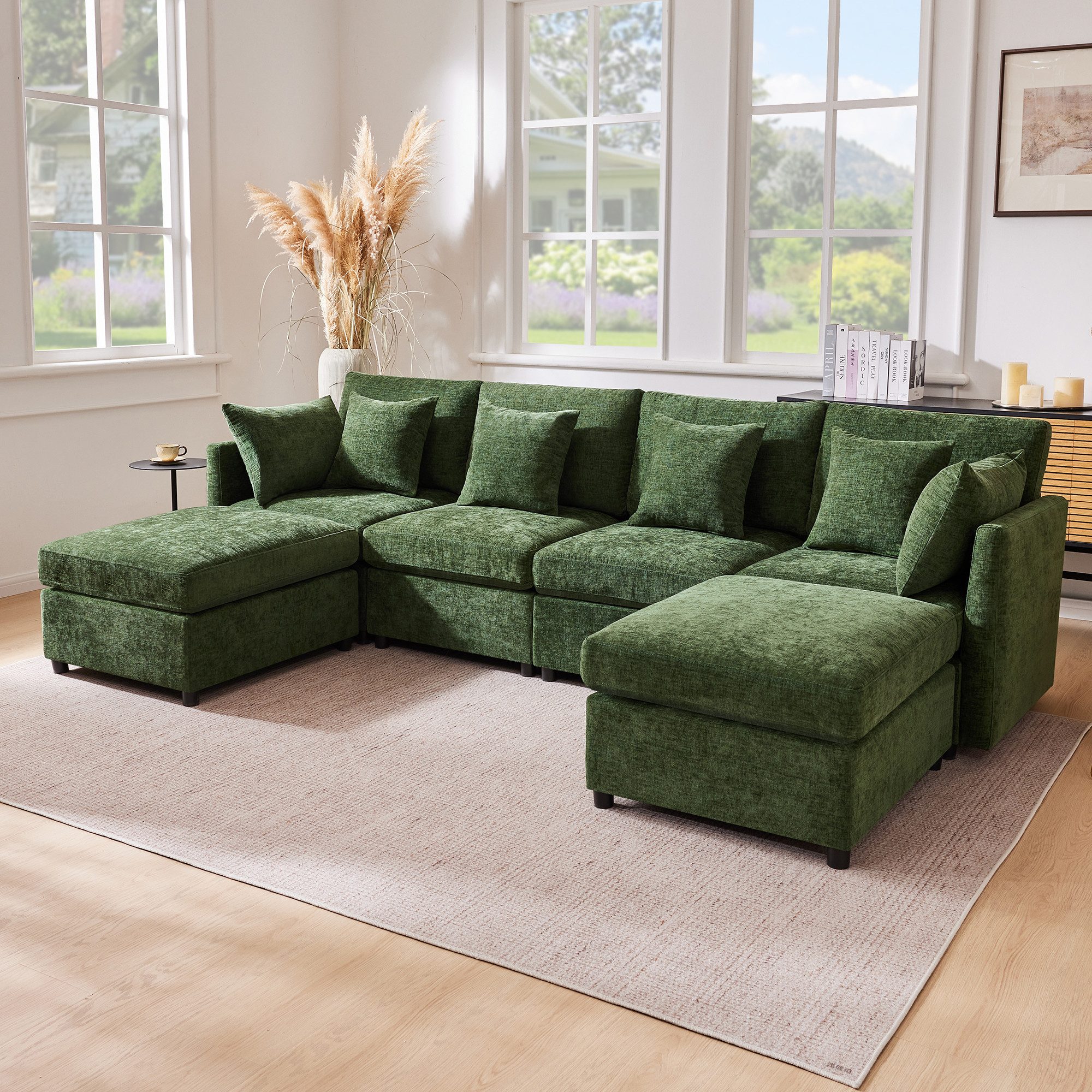 Merax Ecksofa U-förmiges Sofa aus Chenille-Stoff, 1 Teile, Modulares Couch Chenille-Sofa mit 2 abnehmbarem Fußhocker und 6 Kissen