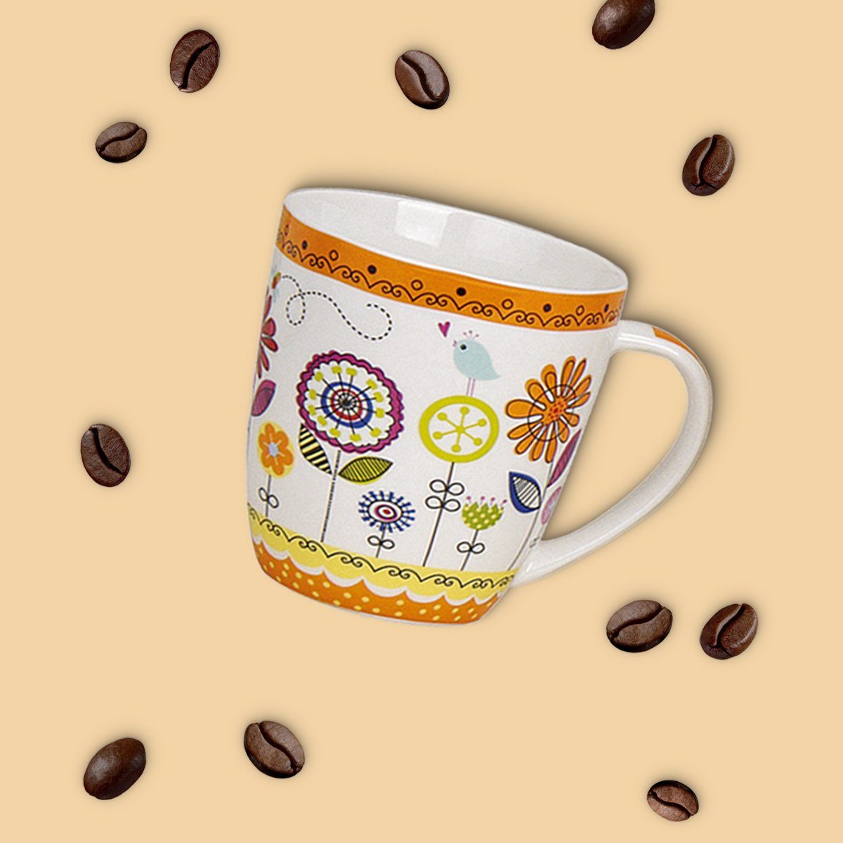 matches21 HOME & HOBBY Tasse Kaffeetassen 4er Set Blumen Herzen Sommer Frühling, 4-tlg., Porzellan, Tee Kaffee-Becher, modern, lila orange grün blau, 350 ml