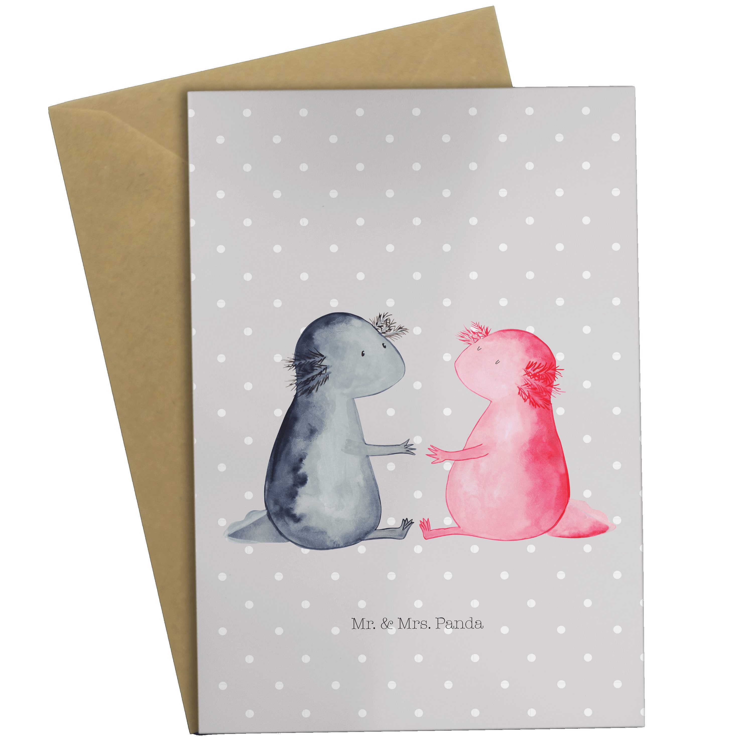 Mr. & Mrs. Panda Grußkarte Axolotl Liebe - Grau Pastell - Geschenk, verliebt, Glückwunschkarte