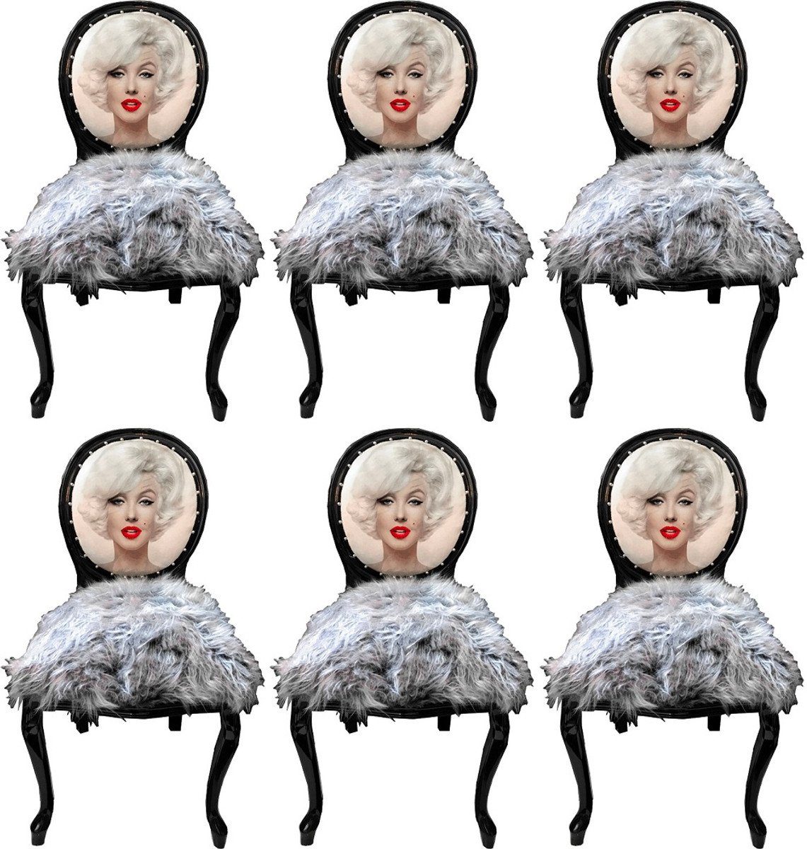 Casa Padrino Esszimmerstuhl Luxus Barock Esszimmerstuhl Set Marilyn Monroe Grau / Schwarz 50 x 60 x H. 104 cm - Handgefertigte Pop Art Designer Stühle mit Kunstfell - Barock Esszimmer Möbel