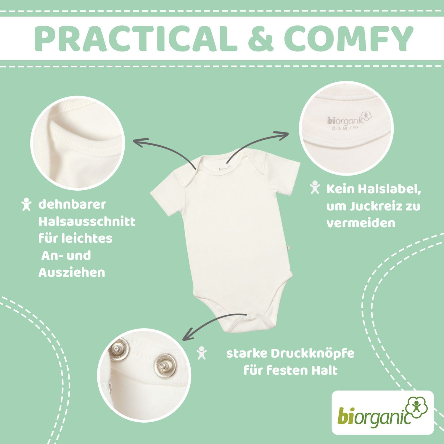 biorganic Kurzarmbody GOTS zertifiziert 5 Stück Baby Body Kurzarm für Junge & Mädchen (Set, 6-tlg., 5er-Pack Bodys & 1 Beutel) 100% Baumwolle (Bio), Babybekleidung mit Druckknöpfen, Unifarben