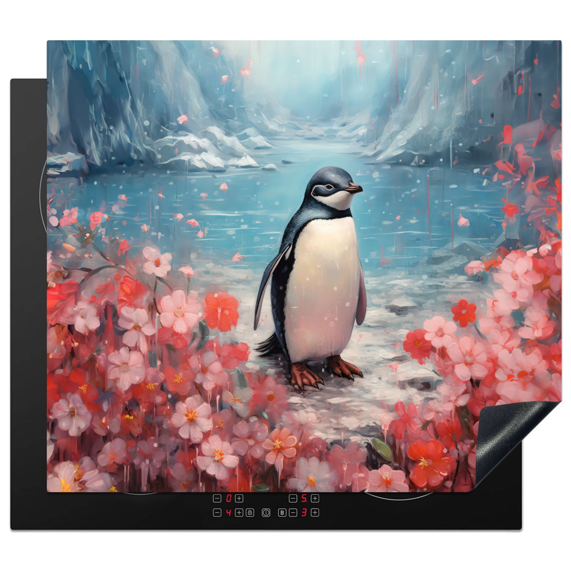 MuchoWow Herdblende-/Abdeckplatte Pinguin - Blumen - Rosa - Tiere, Vinyl, (1 tlg), 60x52 cm, Mobile Arbeitsfläche nutzbar, Ceranfeldabdeckung