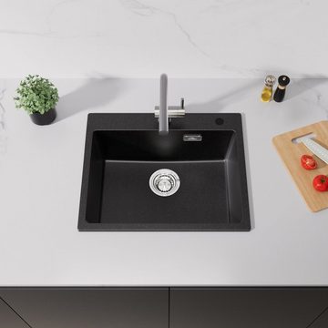 Auralum Granitspüle Granit Küchenspüle Einbauspüle mit Armatur und Siphon 55x45 cm