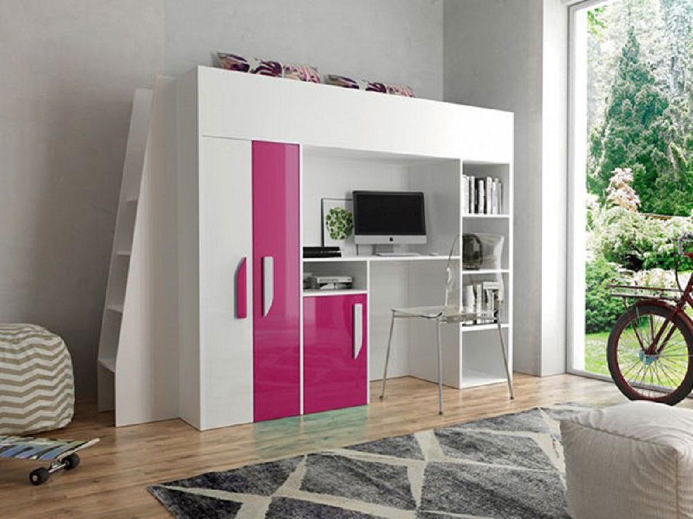 Feldmann-Wohnen Hochbett PARTY (Etagenbett, mit Schrank und Schreibtisch) Farbe wählbar weiß / pink Hochglanz - Griffe weiß / pink