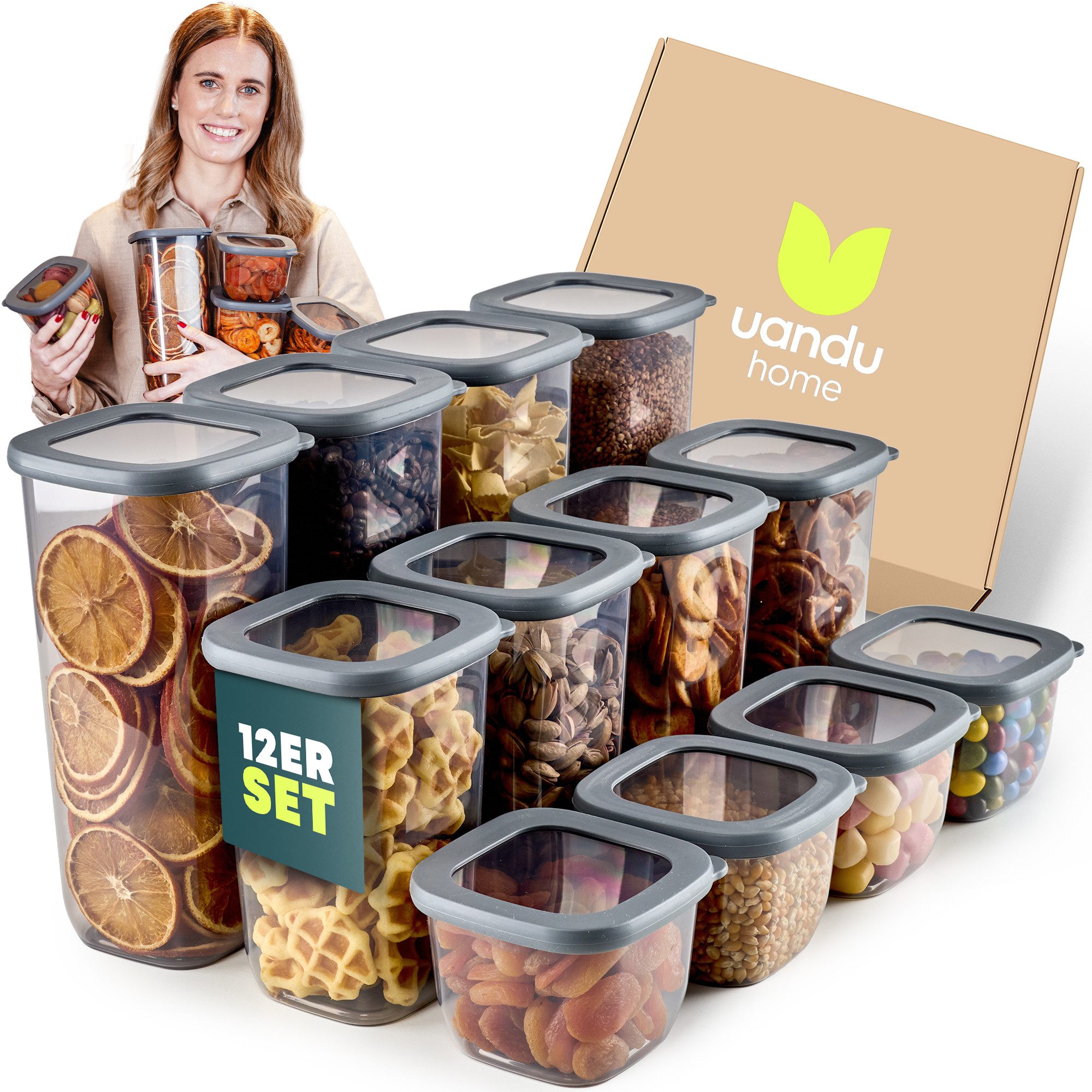 uandu home Vorratsdose Vorratsdosen mit Deckel Luftdicht, Vorratsbehälter Set, BPA Frei, (Vorratsbehälter Set, Aufbewahrungsbox Küche, Luftdichte Aufbewahrungsbox im Set inkl. 80 Etiketten, BPA Frei Kunststoff, Vorratsbehälter Set, Vorratsdosen für alle t