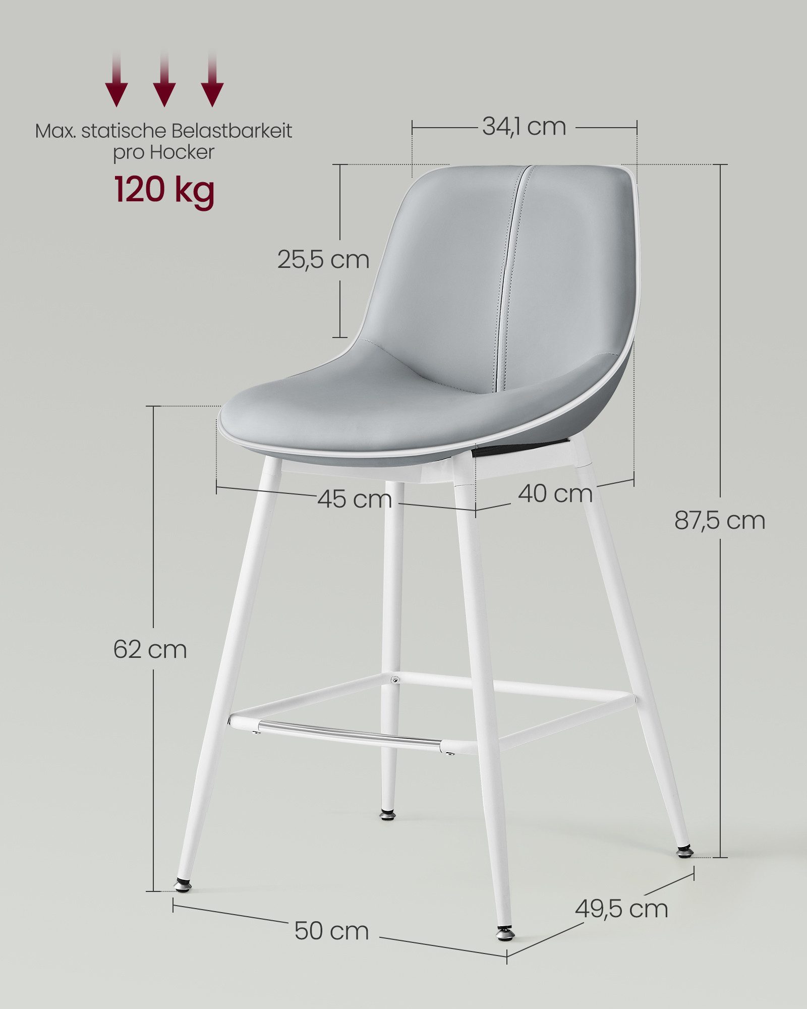 VASAGLE Barhocker 2er Set, Barstühle, Home Bar, einfache Montage, 49,5 x 50 x 87,5 cm, ergonomische Rückenlehne, Kunstleder, Metallbeine, taubengrau