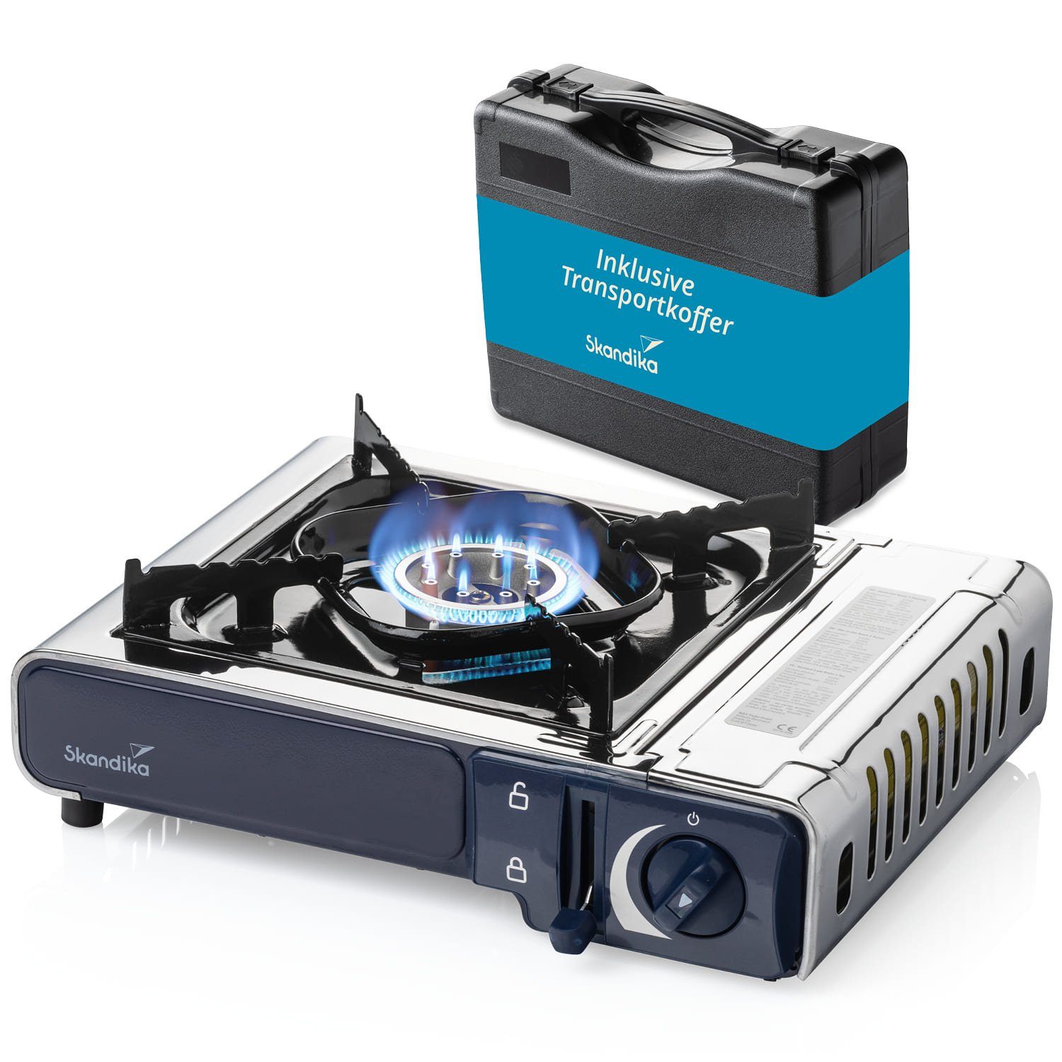 Skandika Gaskocher Brann, Campingkocher, Kochfeld, Gasbrenner, Edelstahl, Piezo-Anzünder, (1-flammig, für Gaskartuschen MSF-1A 227 g, für Gaskartuschen MSF-1A 227 g), elektrische Zündung, stufenlos regulierbar, Piezo-Anzünder Tragekoffer