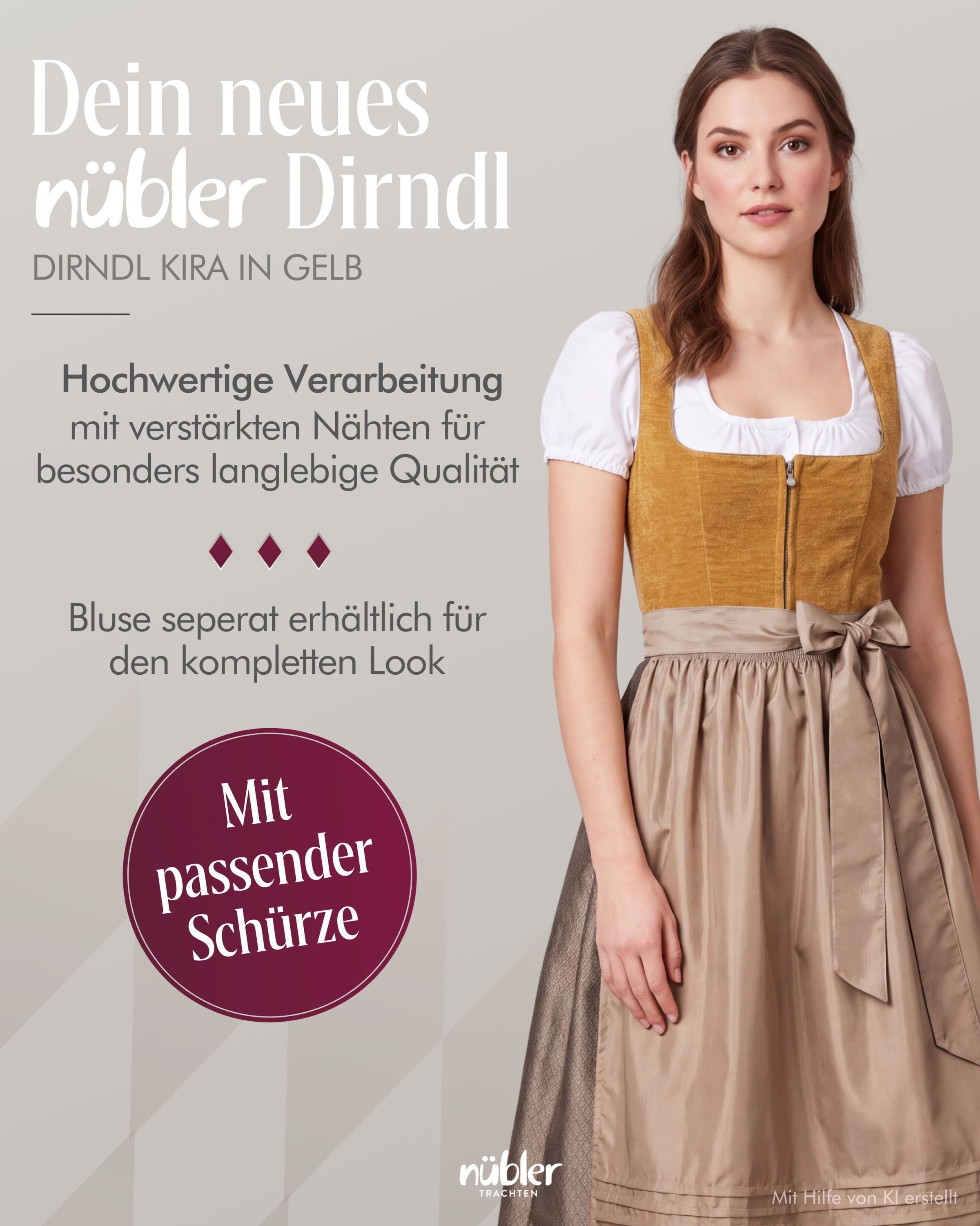 Nübler Trachtenkleid Midi Dirndl Kira in Gelb von Nübler - Rocklänge 65 cm